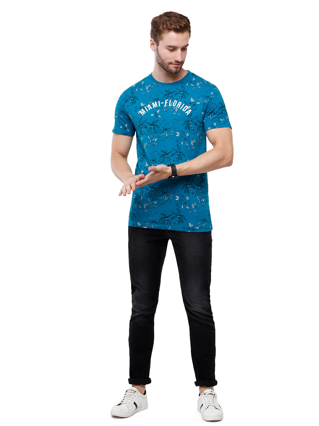 Swiss Club Mens Blue Printed Slim Fit Half Sleeve Round Neck T-Shirt (CUB - 51 A SF C) T-shirt Swiss Club 