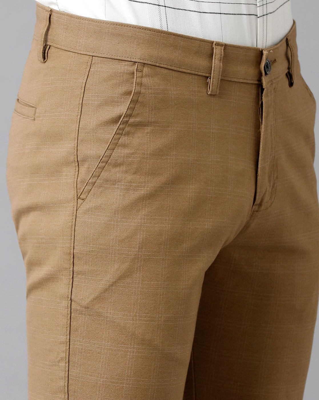 CP BRO Men's Cotton Checked Slim Fit Khaki Color Trousers | Tbn2-09 A