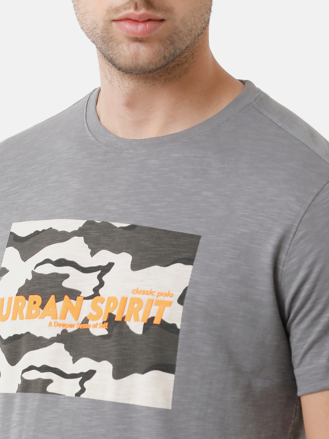 Classic Polo Mens Cotton Printed Half Sleeve Slim Fit Round Neck Grey Color T-Shirt | Baleno 406 B
