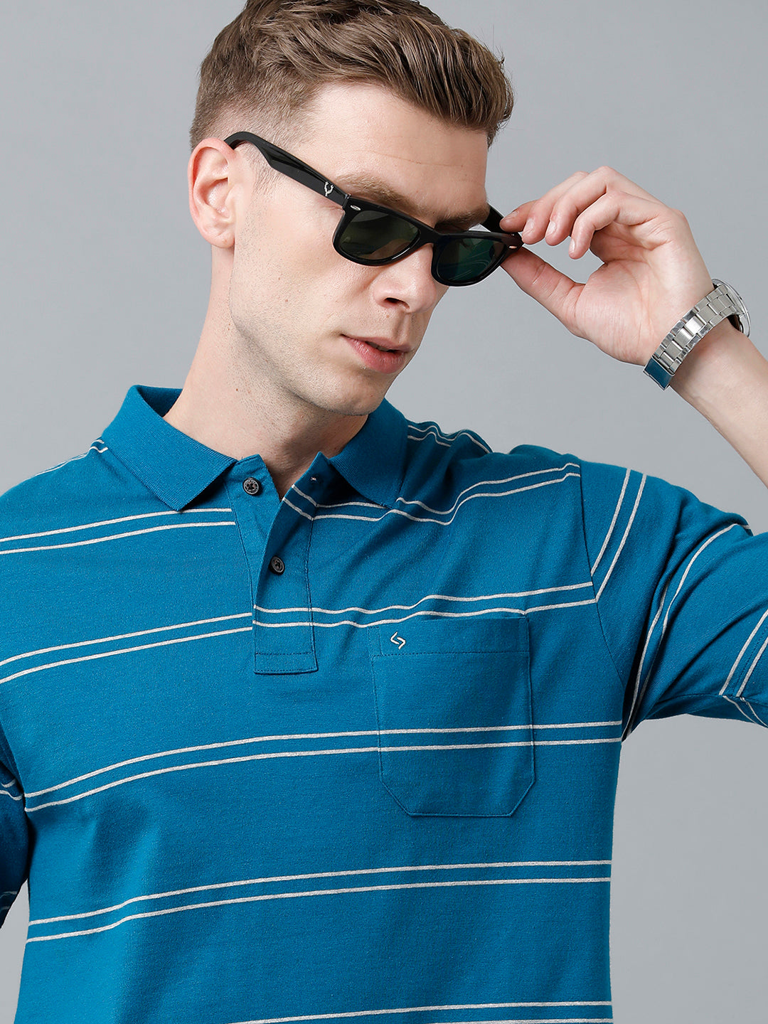 Classic Polo Men's Cotton Blend Half Sleeve Striped Authentic Fit Polo Neck Blue Color T-Shirt | Avon - 521 A