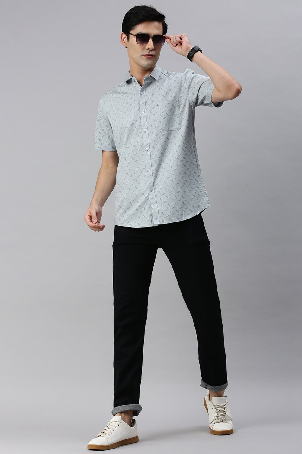 Classic Polo Men's Cotton Half Sleeve Printed Slim Fit Polo Neck Light Blue Color Woven Shirt | So1-07 A