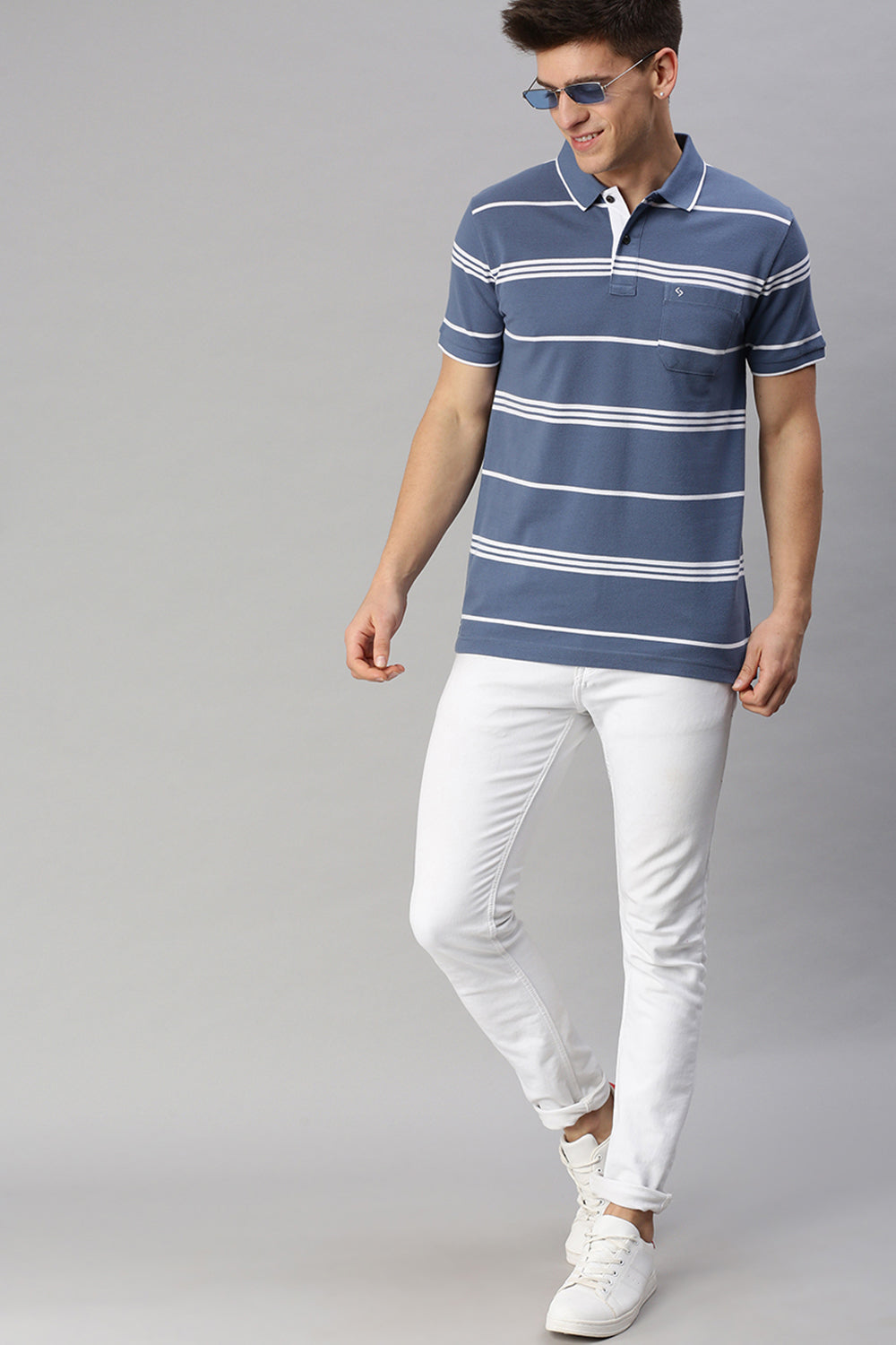 Classic Polo Men's Cotton Blend Half Sleeve Striped Slim Fit Polo Neck Blue Color T-Shirt | Adore - 201 B