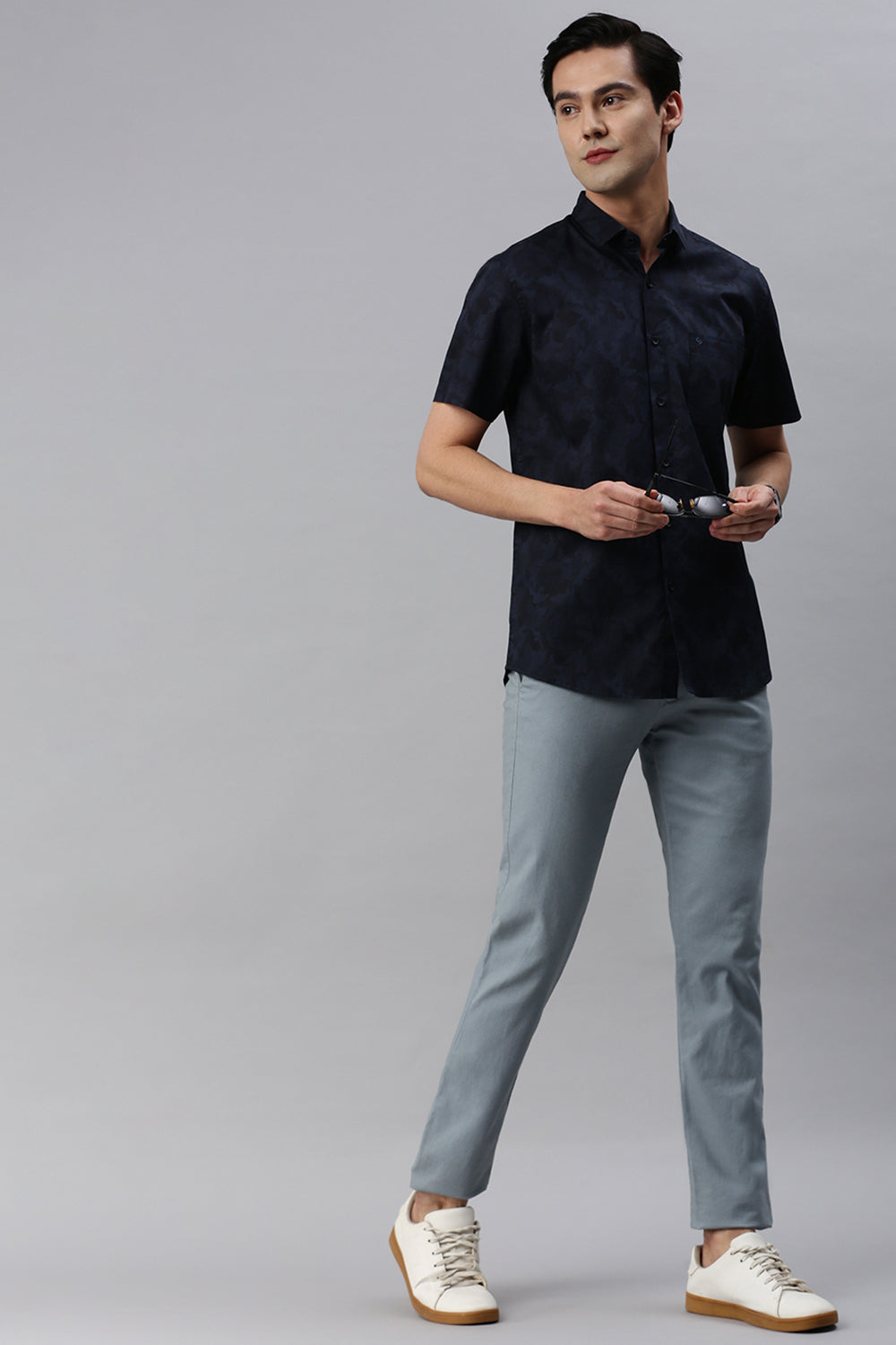 Classic Polo Men's Cotton Half Sleeve Printed Slim Fit Polo Neck Navy Color Woven Shirt | So1-11 C