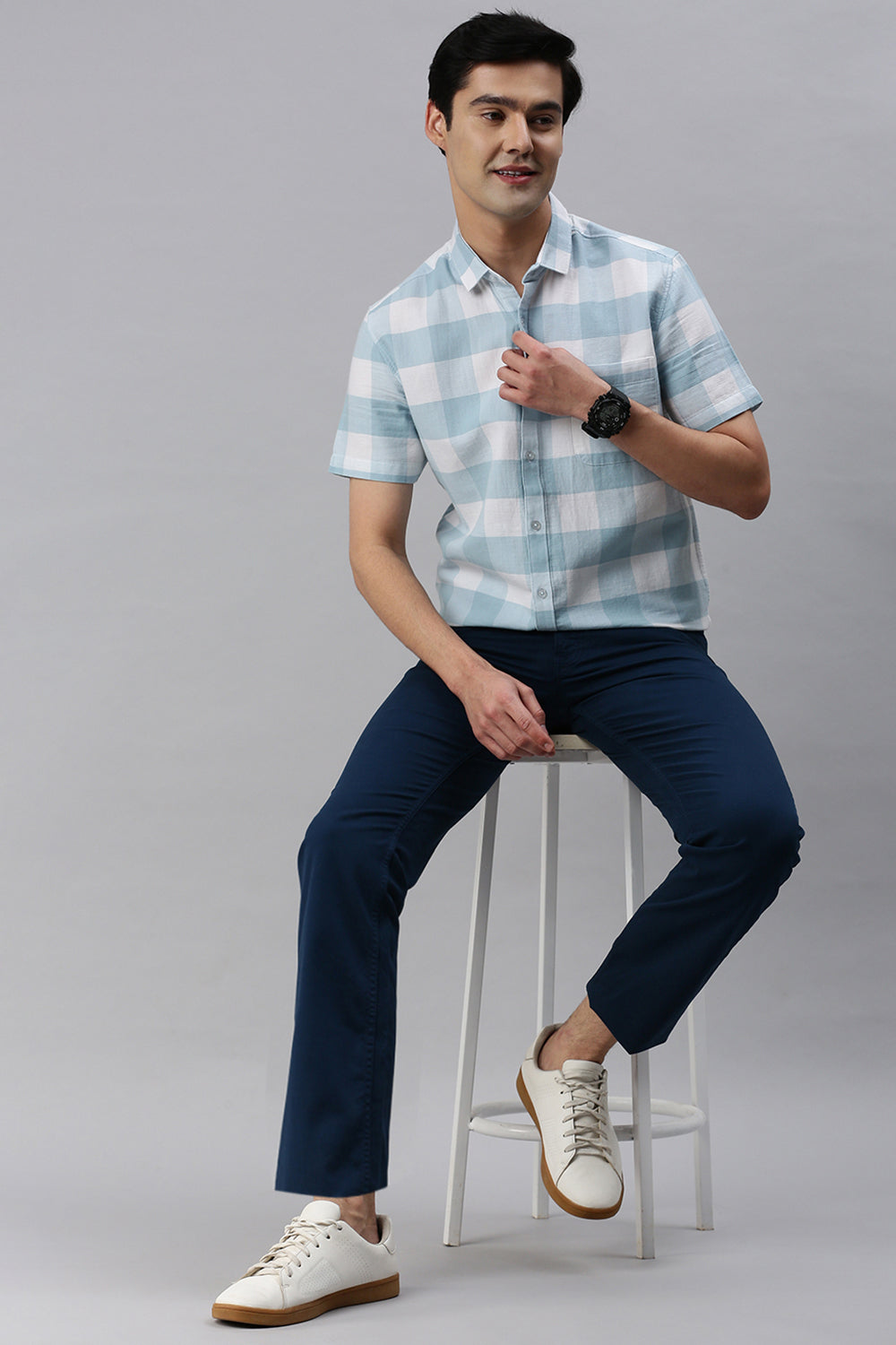 Classic Polo Men's Cotton Half Sleeve Checked Slim Fit Polo Neck Light Blue Color Woven Shirt | So1-132 A