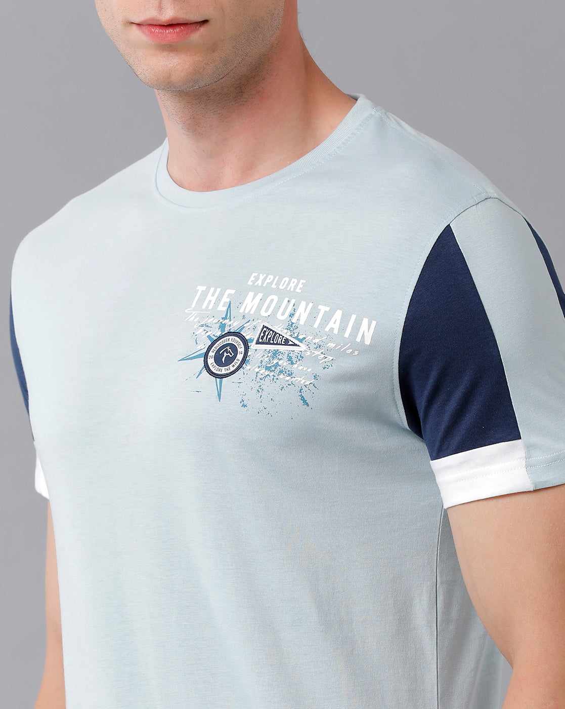 CP BRO Men's Cotton Color Block Half Sleeve Slim Fit Round Neck Sky Blue Color T-Shirt | Brcn - 491 A
