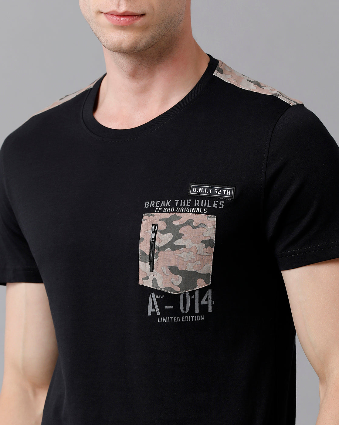 CP BRO Men's Cotton Color Block Half Sleeve Slim Fit Round Neck Black Color T-Shirt | Brcn - 490 B