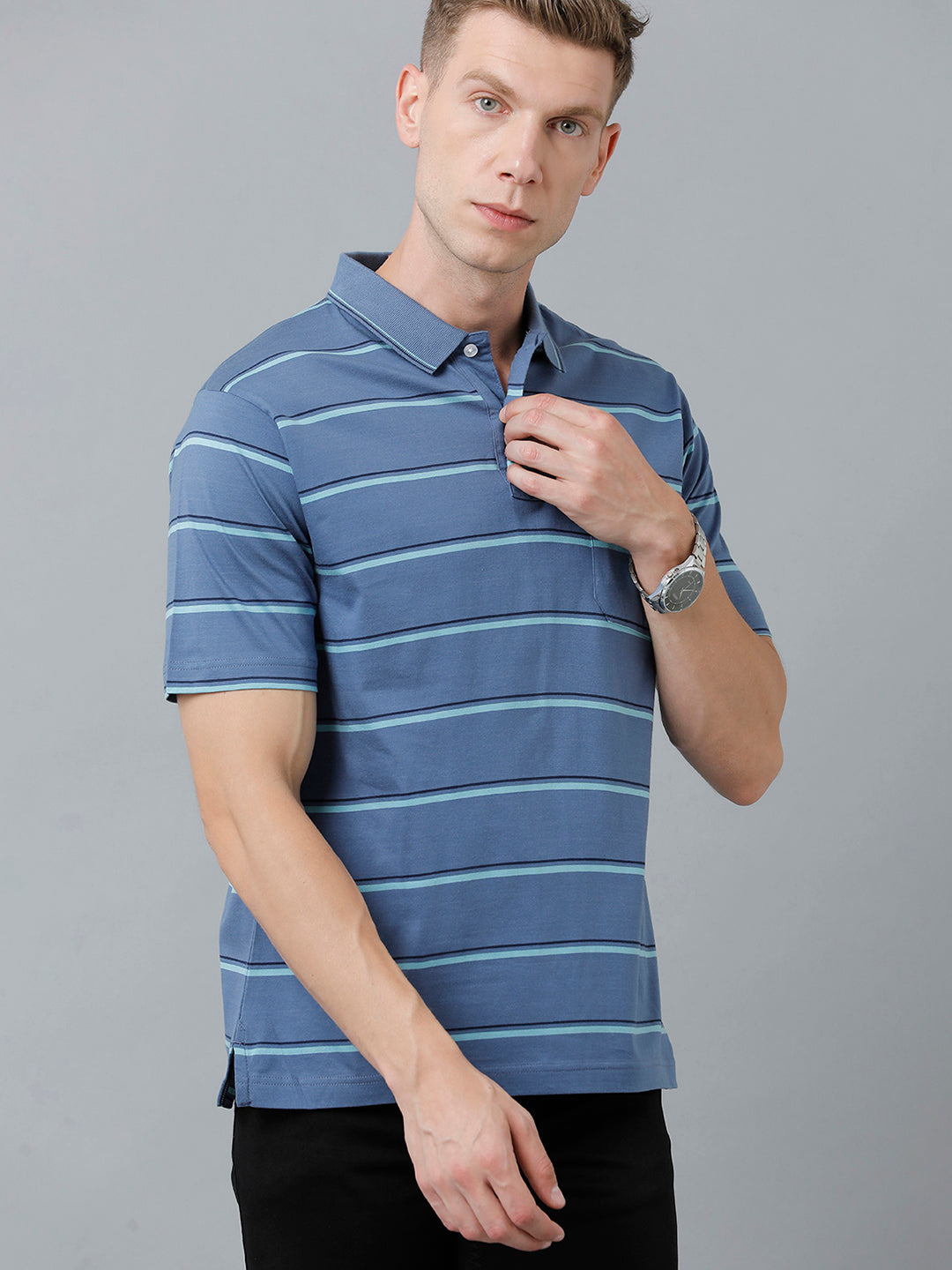 Classic Polo Men's Cotton Half Sleeve Striped Authentic Fit Polo Neck Blue Color T-Shirt | Ap - 89 A