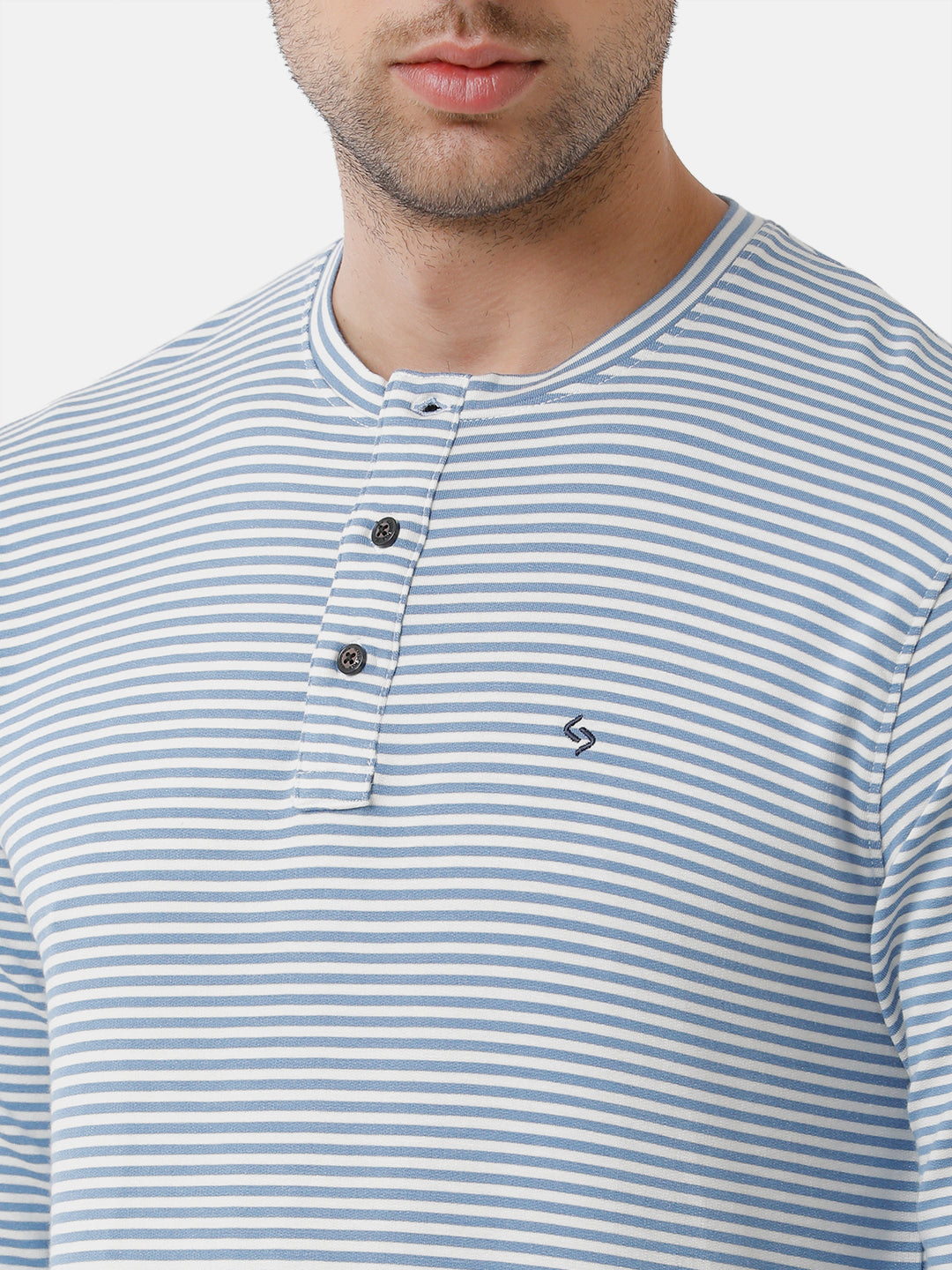 Classic Polo Mens Cotton Striped Full Sleeve Slim Fit Round Neck Blue Color T-Shirt | Verno 305
