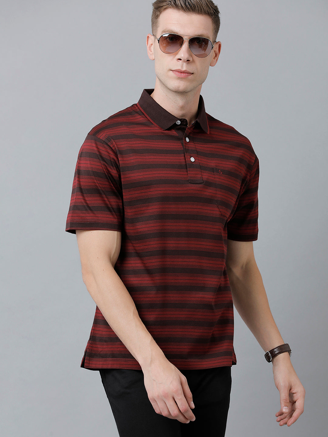 Classic Polo Men's Cotton Half Sleeve Striped Authentic Fit Polo Neck Brown Color T-Shirt | Ultimo - 305 B