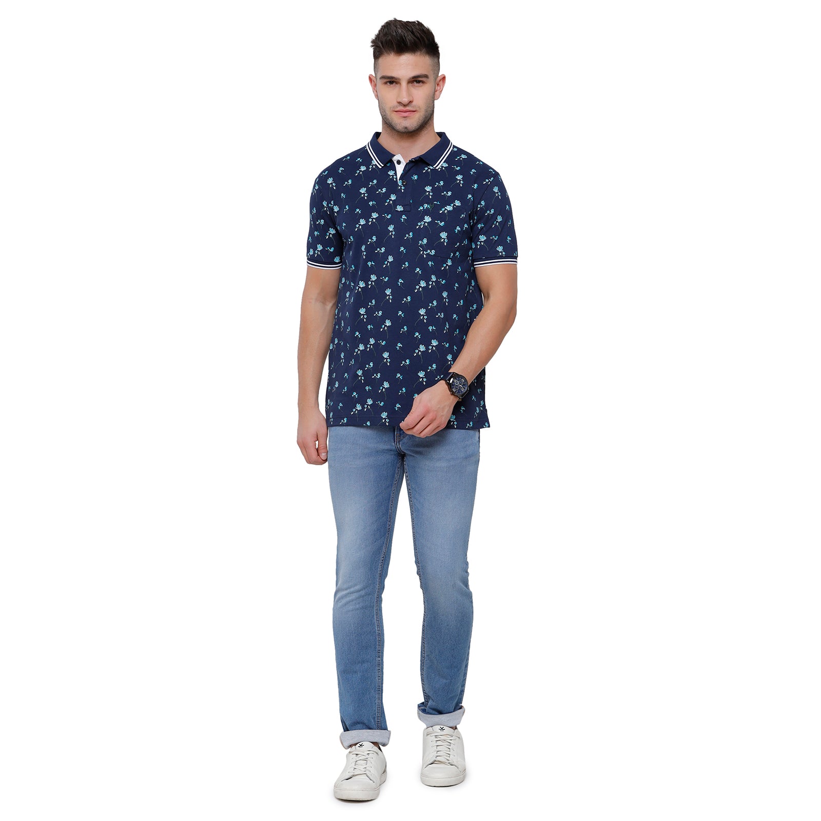 Classic Polo Mens Printed Slim Fit Polo Neck Navy Colour T-Shirt - Beau 166 B T-shirt Classic Polo 