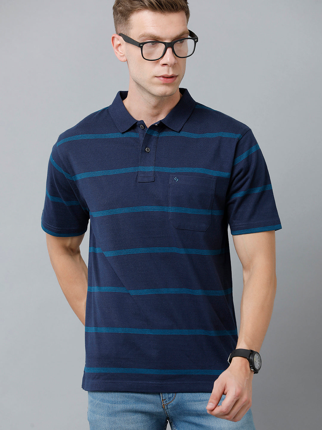 Classic Polo Men's Cotton Blend Half Sleeve Striped Authentic Fit Polo Neck Navy Color T-Shirt | Avon - 530 A