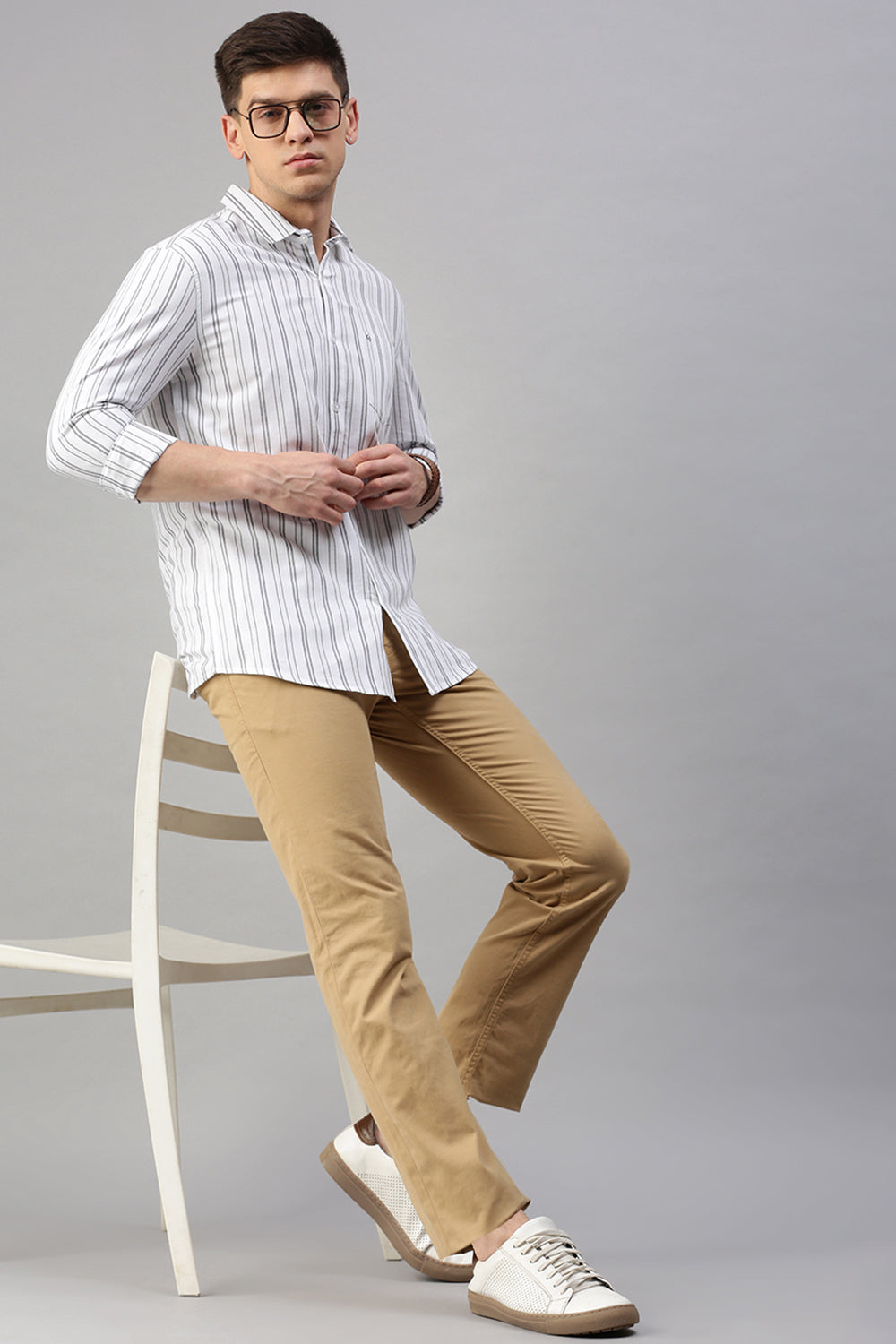 Classic Polo Men's Cotton Full Sleeve Striped Slim Fit Polo Neck White Color Woven Shirt | So1-127 A