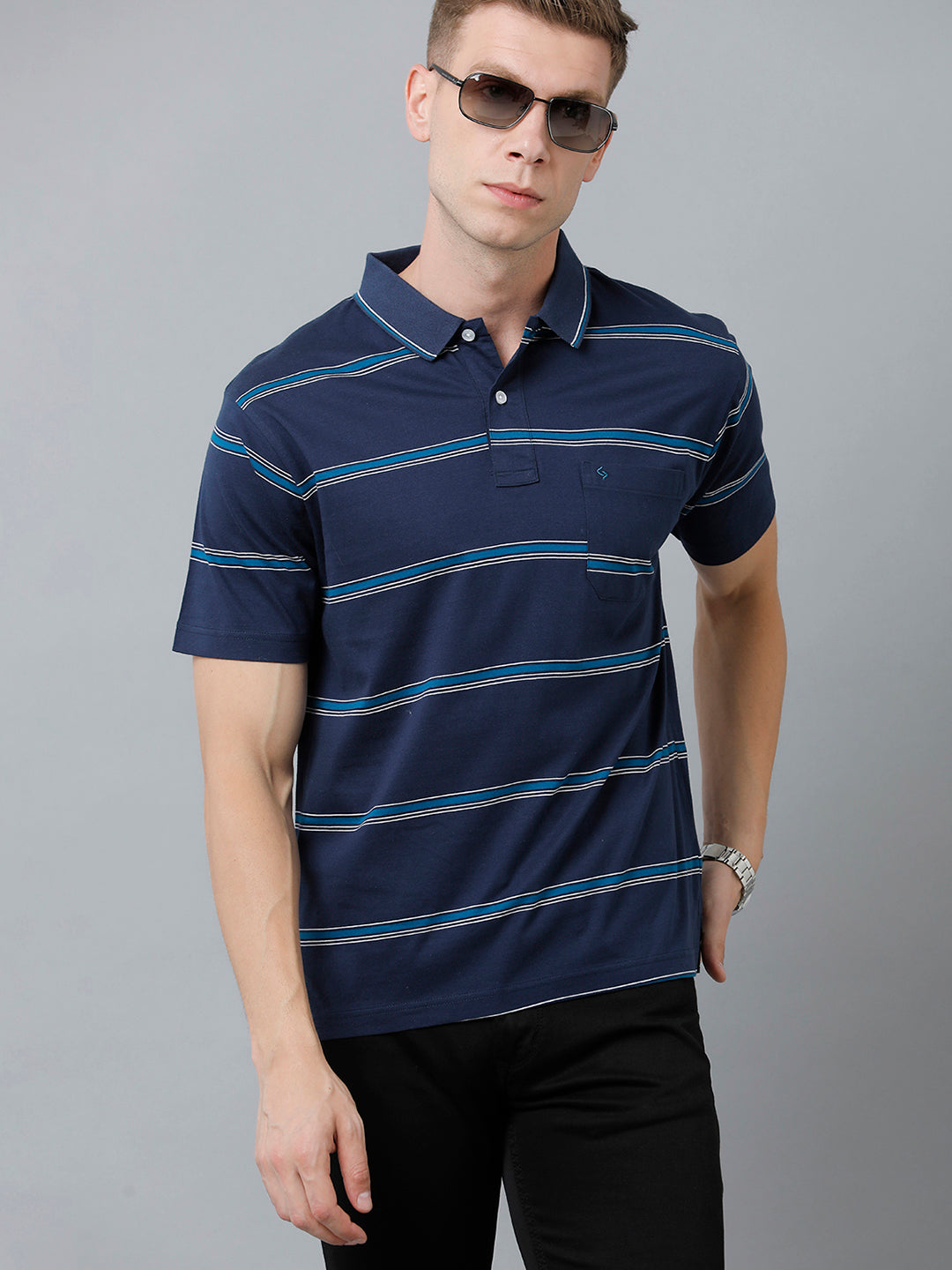 Classic Polo Men's Cotton Half Sleeve Striped Authentic Fit Polo Neck Navy Color T-Shirt | Ap - 90 B
