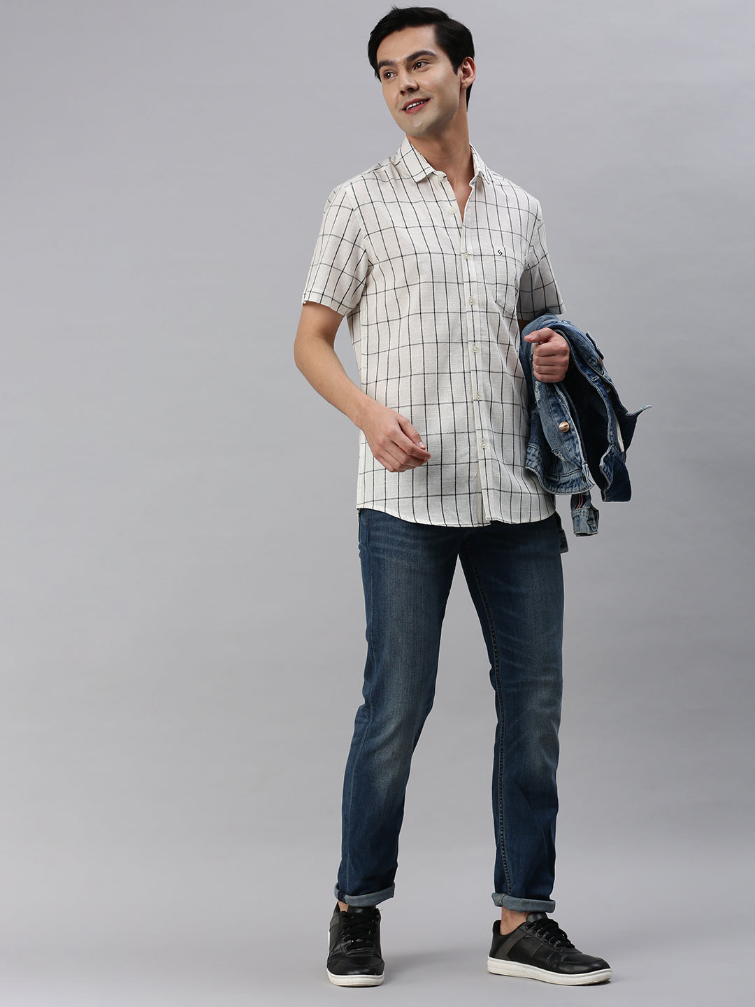 Classic Polo Men's Cotton Half Sleeve Checked Slim Fit Collar Neck Cream Color Woven Shirt | So1-113 A