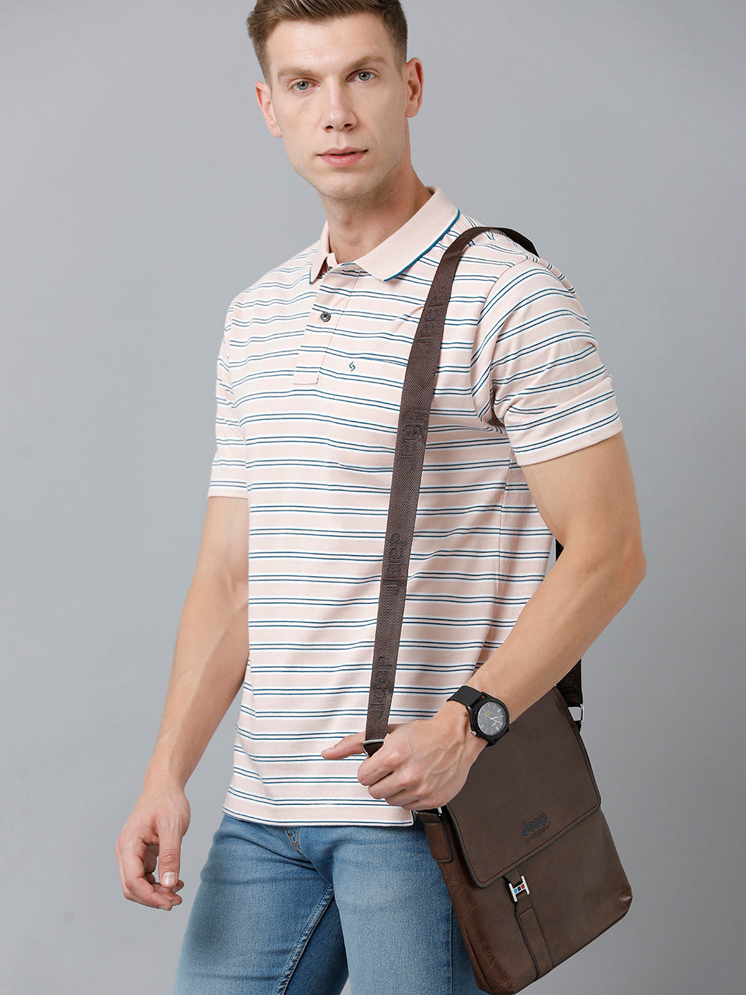 Classic Polo Men's Cotton Half Sleeve Striped Authentic Fit Polo Neck Beige Color T-Shirt | Feeders - 215 B