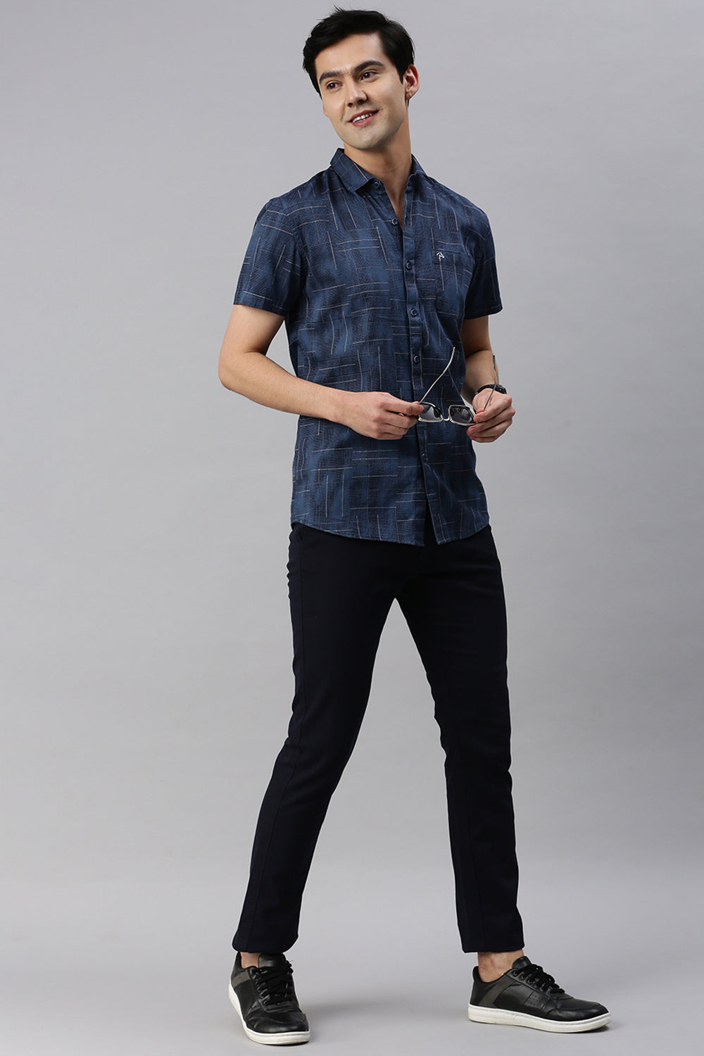 CP BRO Men's Cotton Full Sleeve Printed Slim Fit Polo Neck Navy Blue Color Woven Shirt | Sbo1-09 A