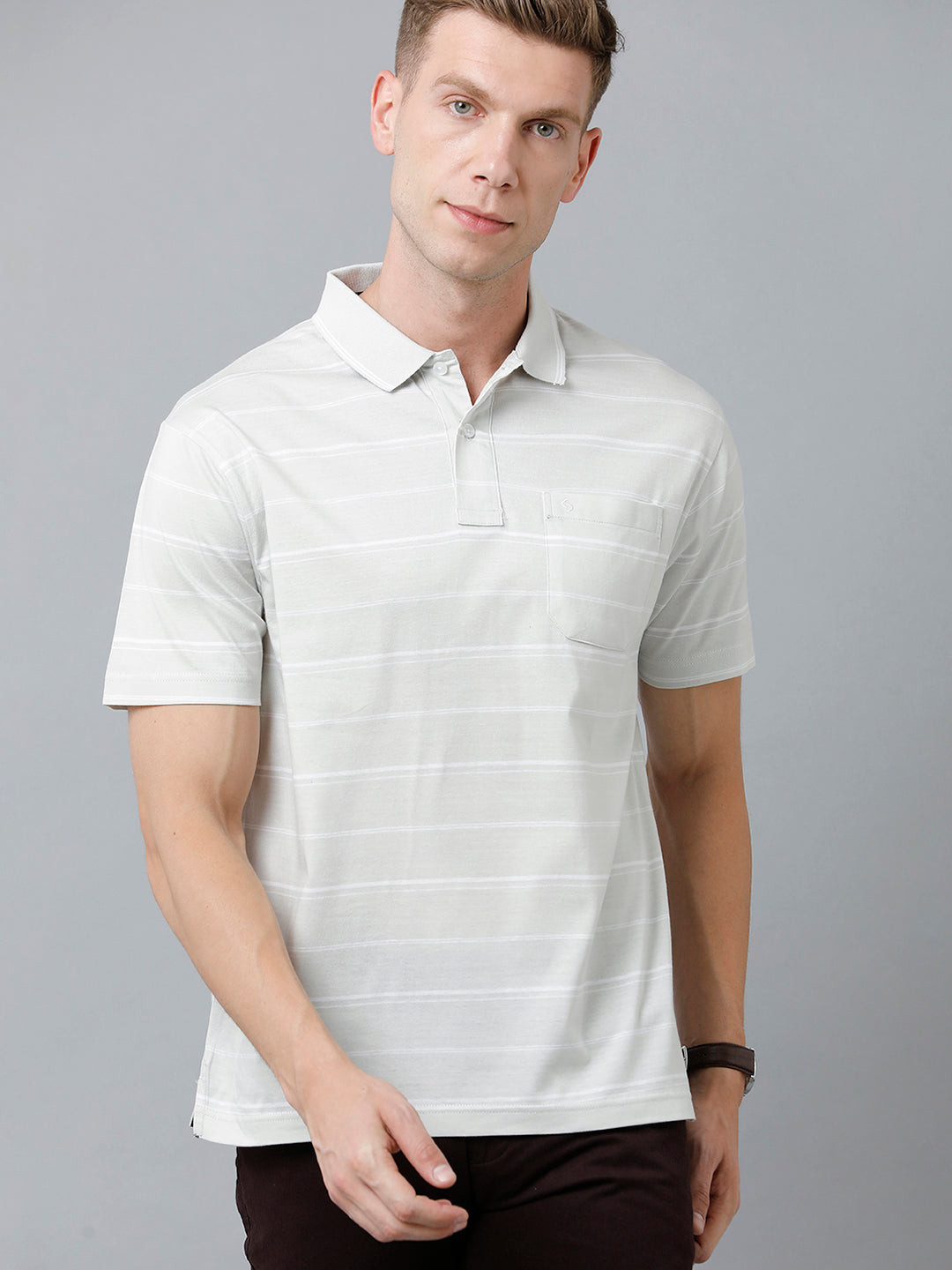 Classic Polo Men's Cotton Half Sleeve Striped Authentic Fit Polo Neck Light Grey Color T-Shirt | Ap - 88 A