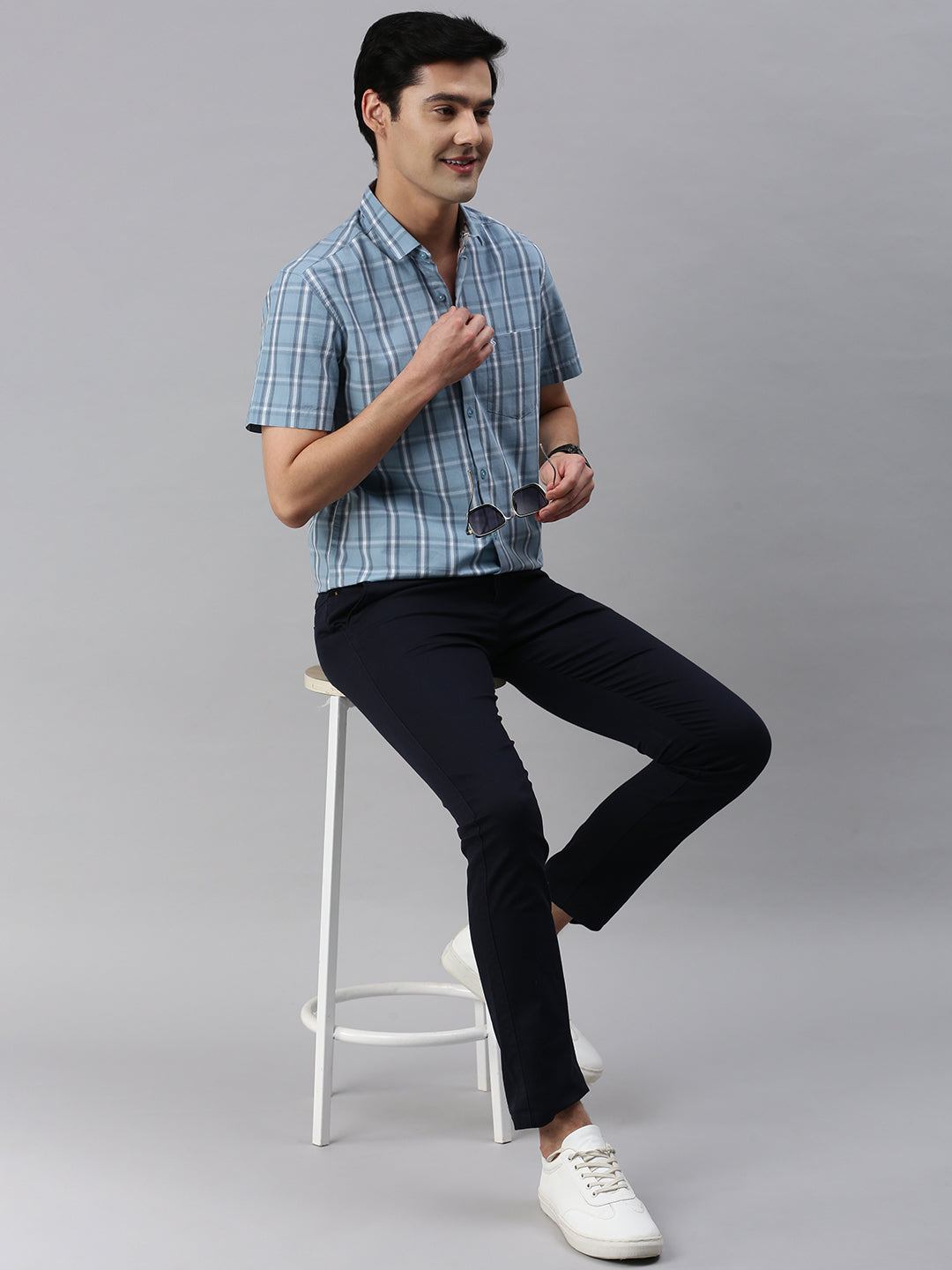 Classic Polo Men's Cotton Half Sleeve Checked Slim Fit Collar Neck Blue Color Woven Shirt | So1-106 A