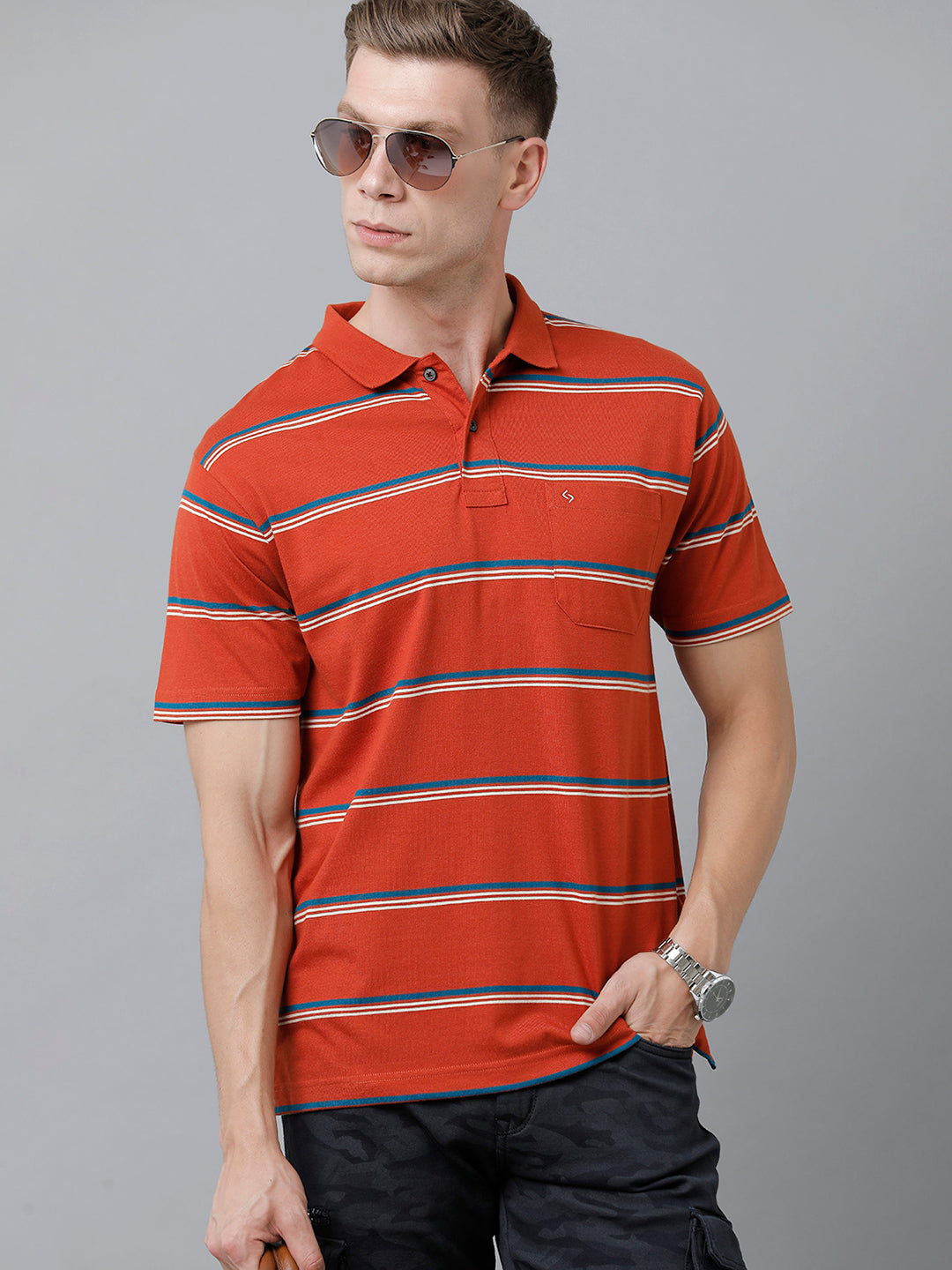 Classic Polo Men's Cotton Blend Half Sleeve Striped Authentic Fit Polo Neck Red Color T-Shirt | Avon - 526 B