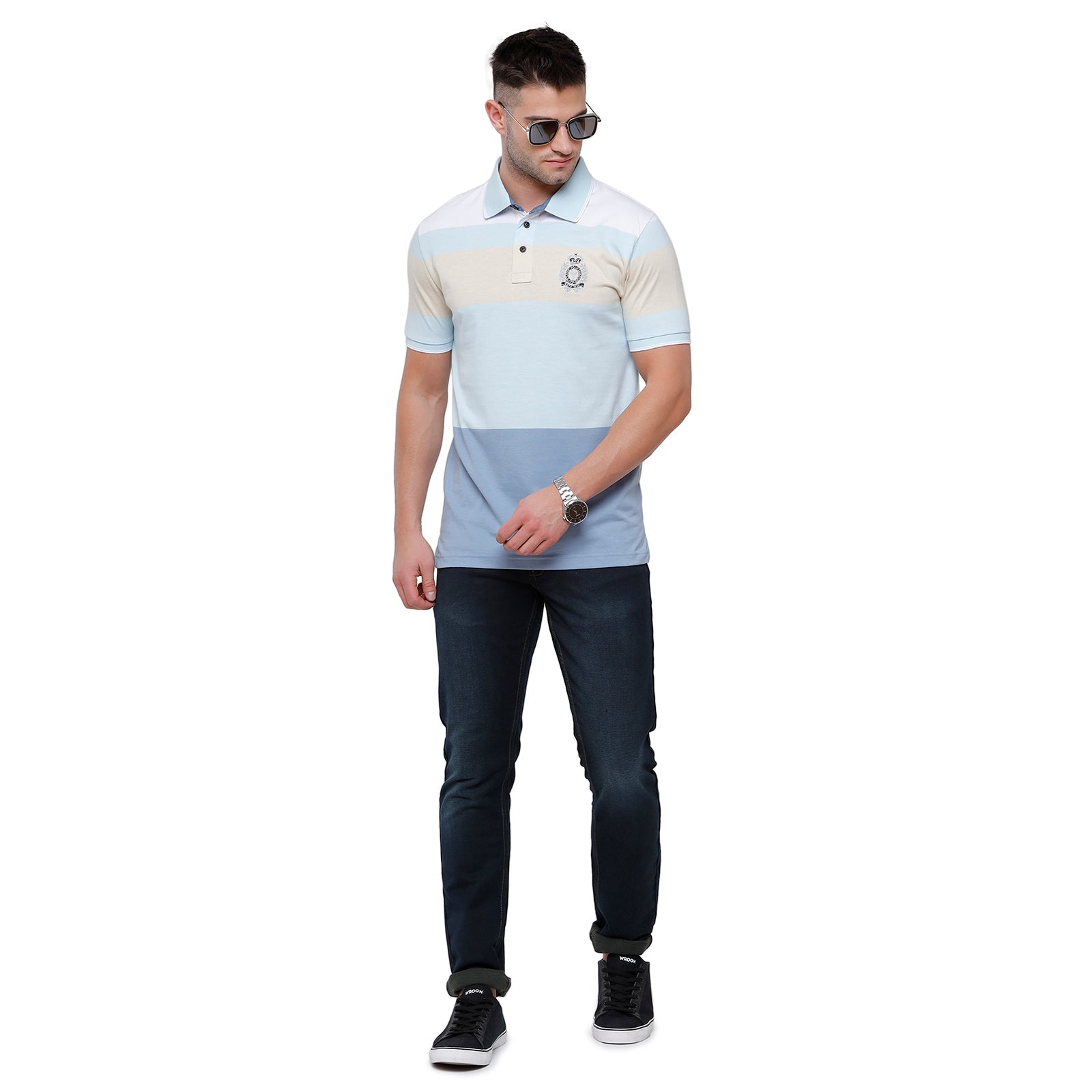 Classic Polo Mens Multi Blue Stripped Half Sleeve Slim Fit Polo Neck T-Shirt - Vta 182 B T-shirt Classic Polo 