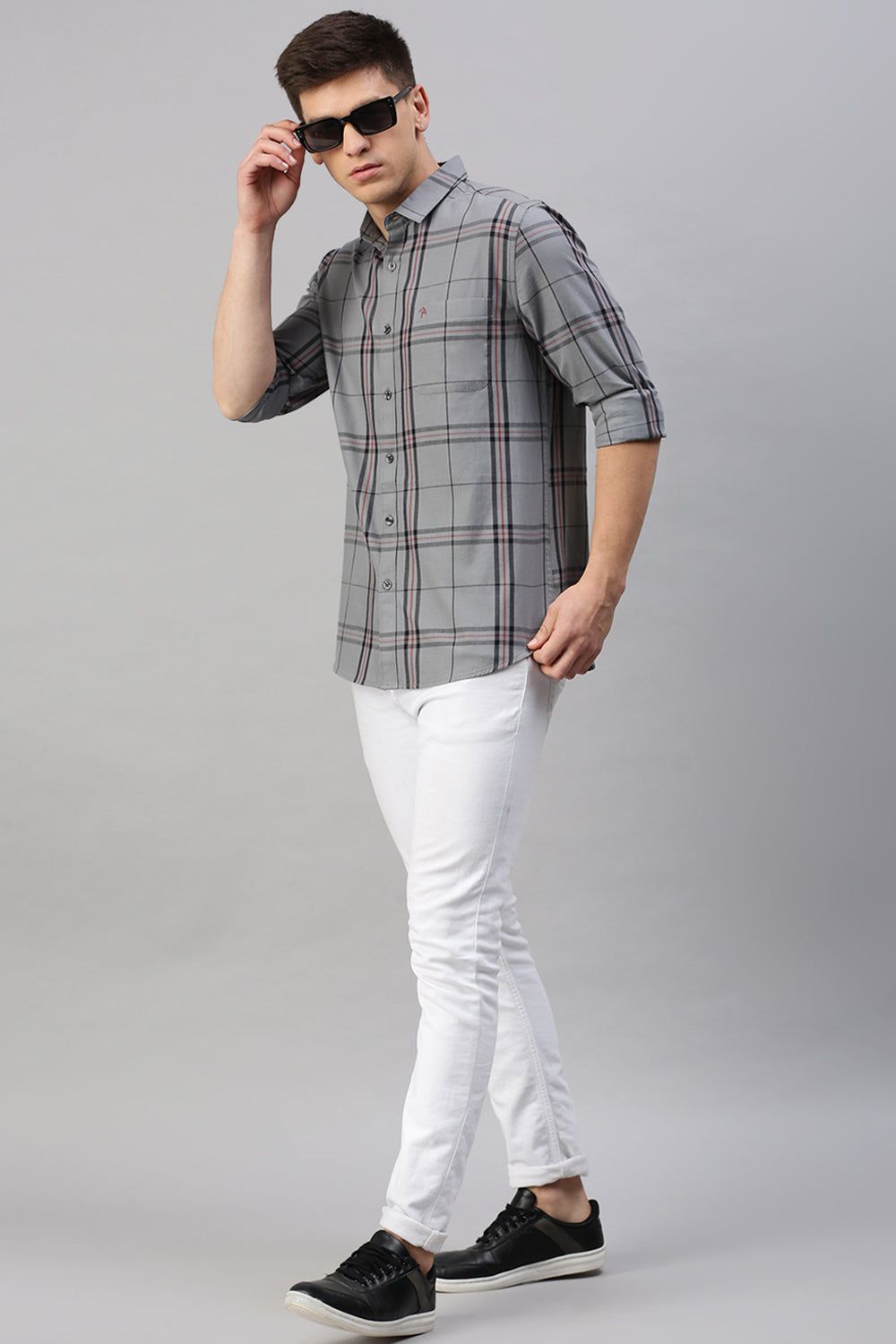 CP BRO Men's Cotton Full Sleeve Checked Slim Fit Polo Neck Grey Color Woven Shirt | Sbo1-46 A