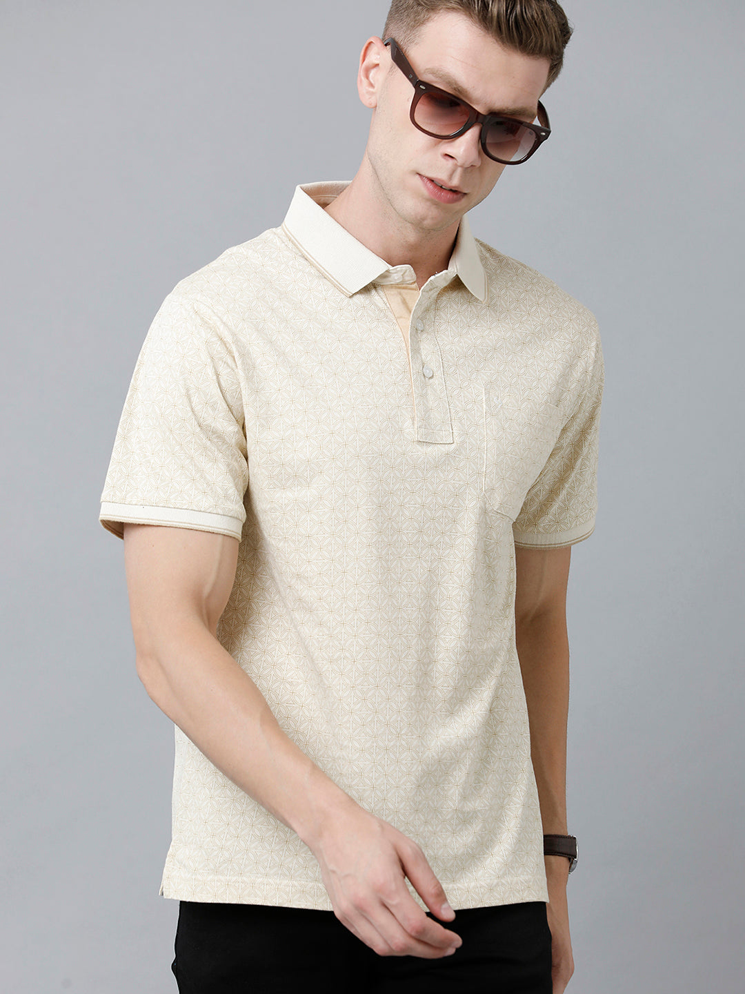 Classic Polo Men's Cotton Half Sleeve Printed Authentic Fit Polo Neck Cream Color T-Shirt | Carve Polo - 02 B
