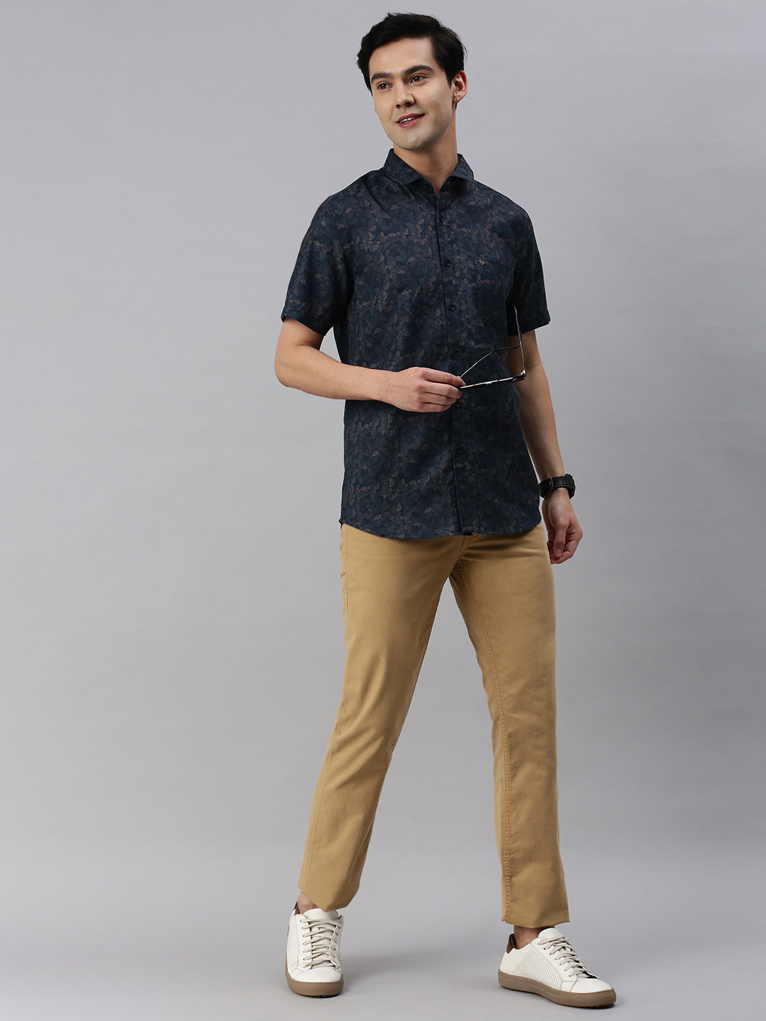 Classic Polo Men's Cotton Half Sleeve Printed Slim Fit Collar Neck Navy Blue Color Woven Shirt | So1-30 B