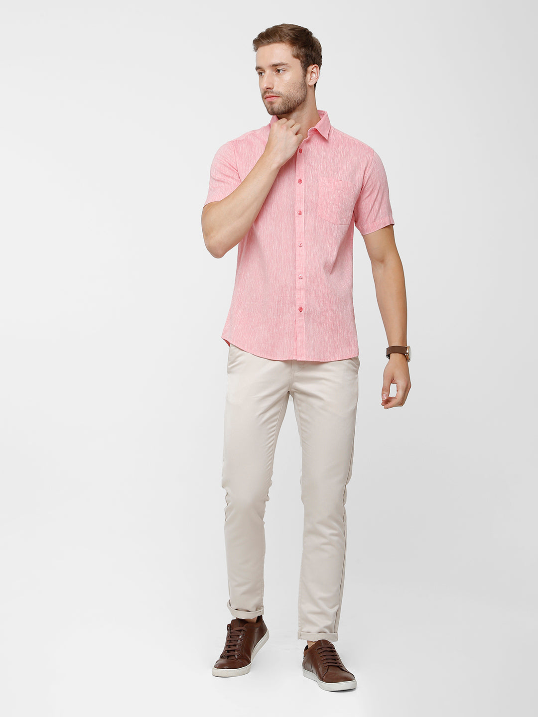 Classic Polo Mens Pink Linen Cotton Solid Full Sleeve Woven Shirt -Porsh Pink HS