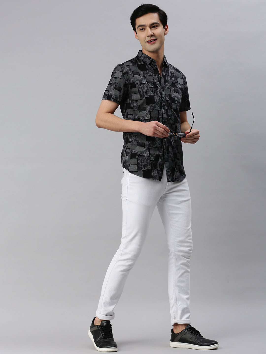 CP BRO Men's Cotton Half Sleeve Printed Slim Fit Collar Neck Black Color Woven Shirt | Sbo1-11 B