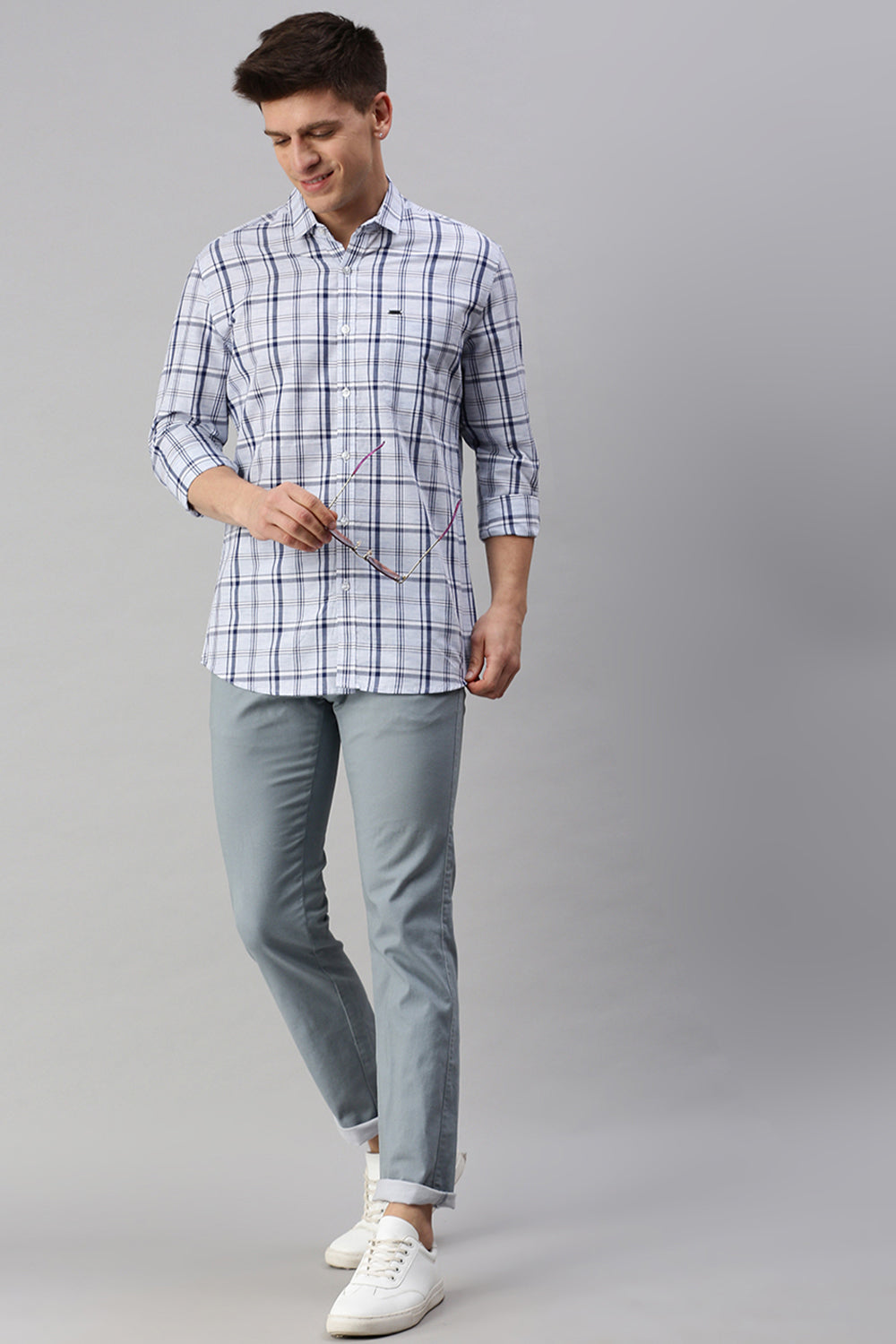 Classic Polo Men's Cotton Full Sleeve Checked Slim Fit Collar Neck Blue Color Woven Shirt | So1-79 A