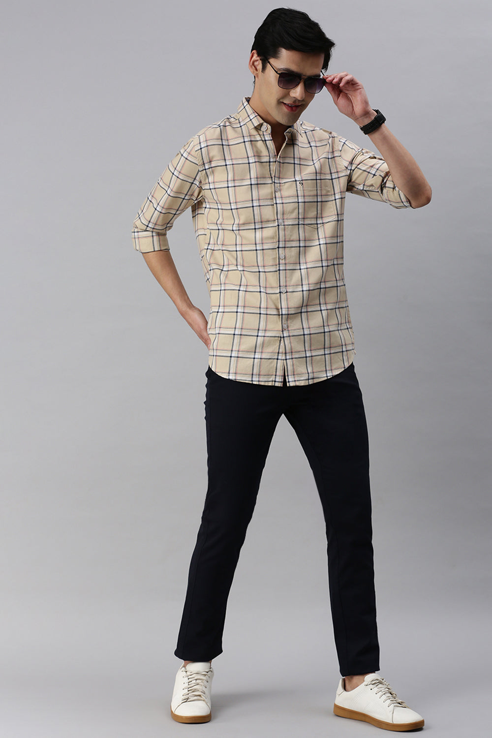 Classic Polo Men's Cotton Full Sleeve Checked Slim Fit Polo Neck Multicolur Woven Shirt | So1-20 B