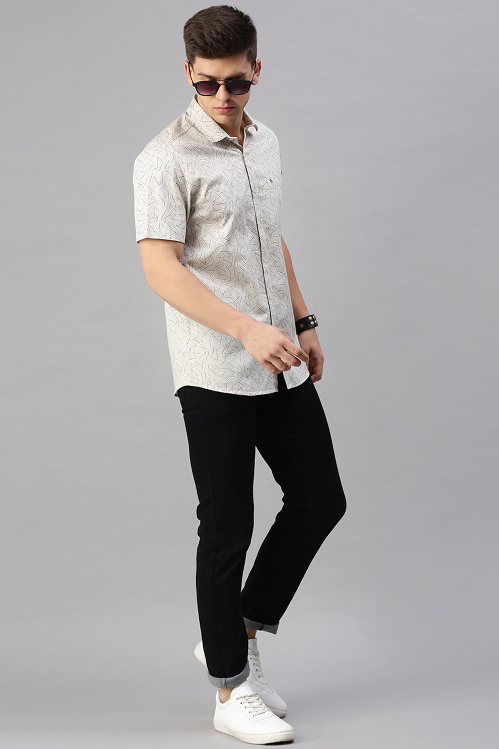Classic Polo Men's Cotton Half Sleeve Printed Slim Fit Polo Neck Cream Color Woven Shirt | So1-03 B