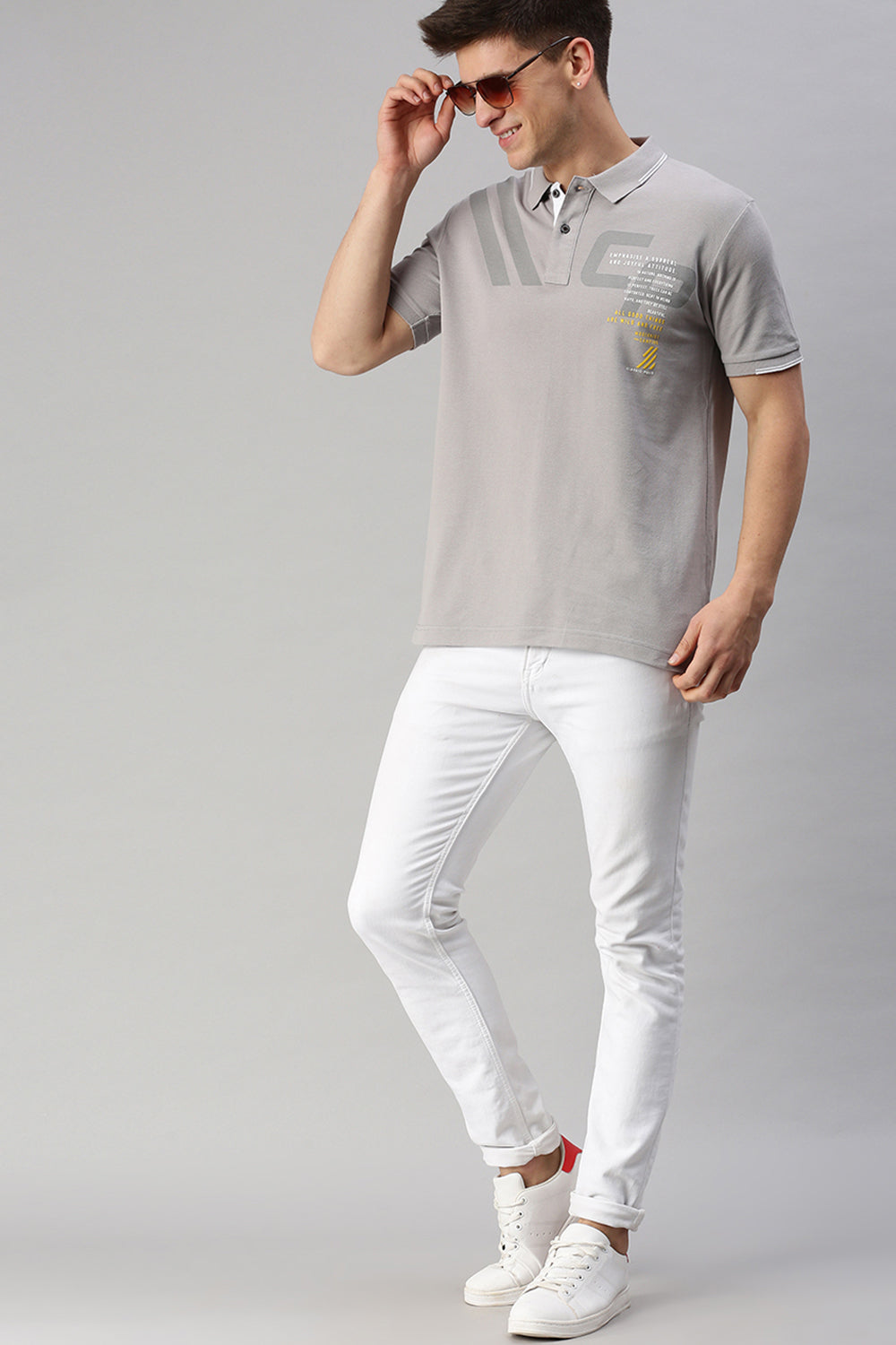 Classic Polo Men's Cotton Half Sleeve Printed Slim Fit Polo Neck Grey Color T-Shirt | Vivid Polo - 02 B
