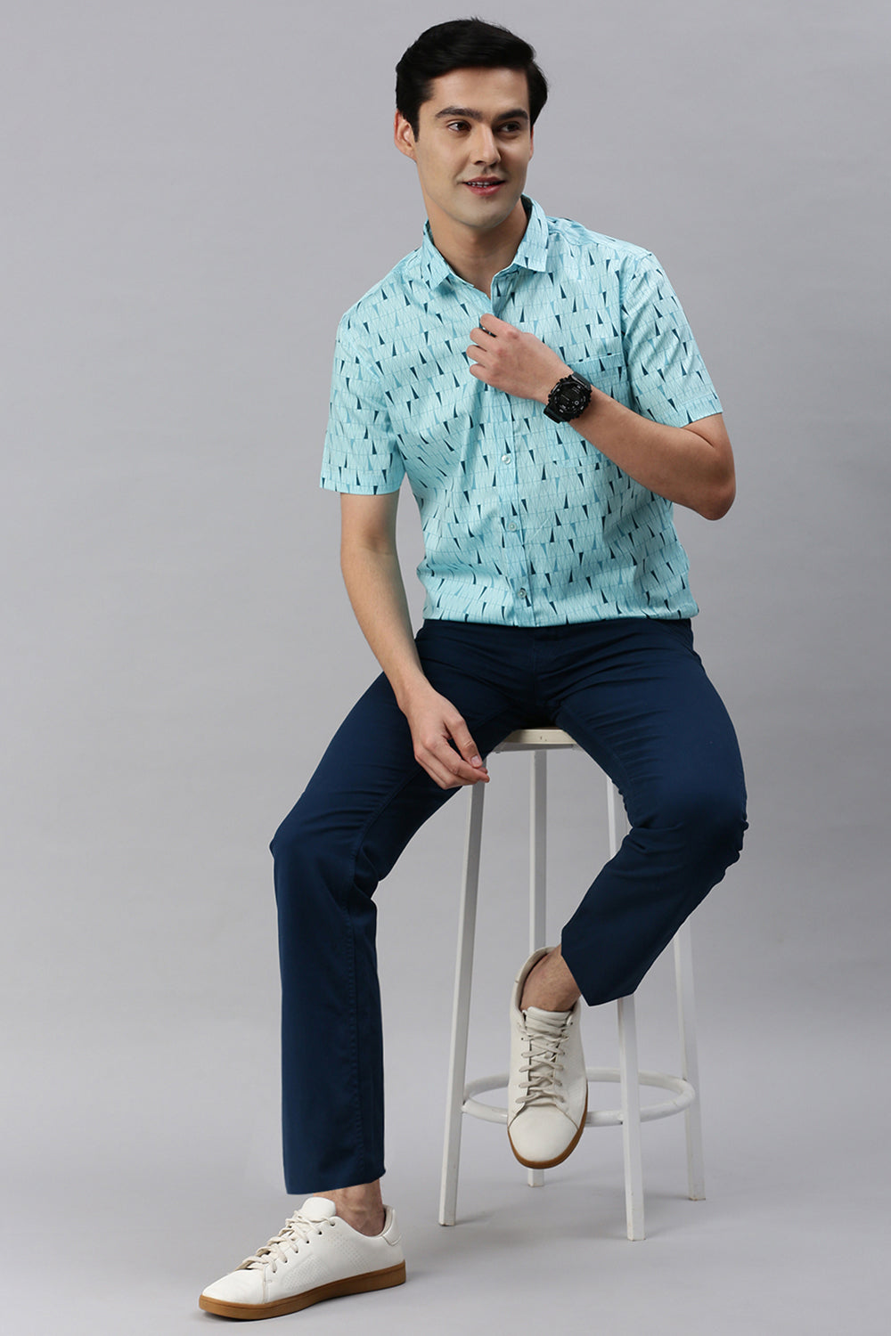 Classic Polo Men's Cotton Half Sleeve Printed Slim Fit Polo Neck Light Blue Color Woven Shirt | So1-150 B