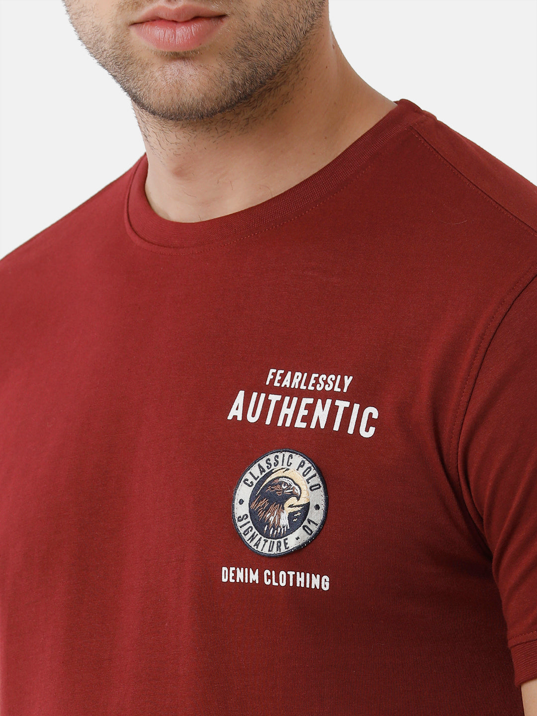 Classic Polo Mens Cotton Printed Half Sleeve Slim Fit Round Neck Red Color T-Shirt | Baleno 407 B