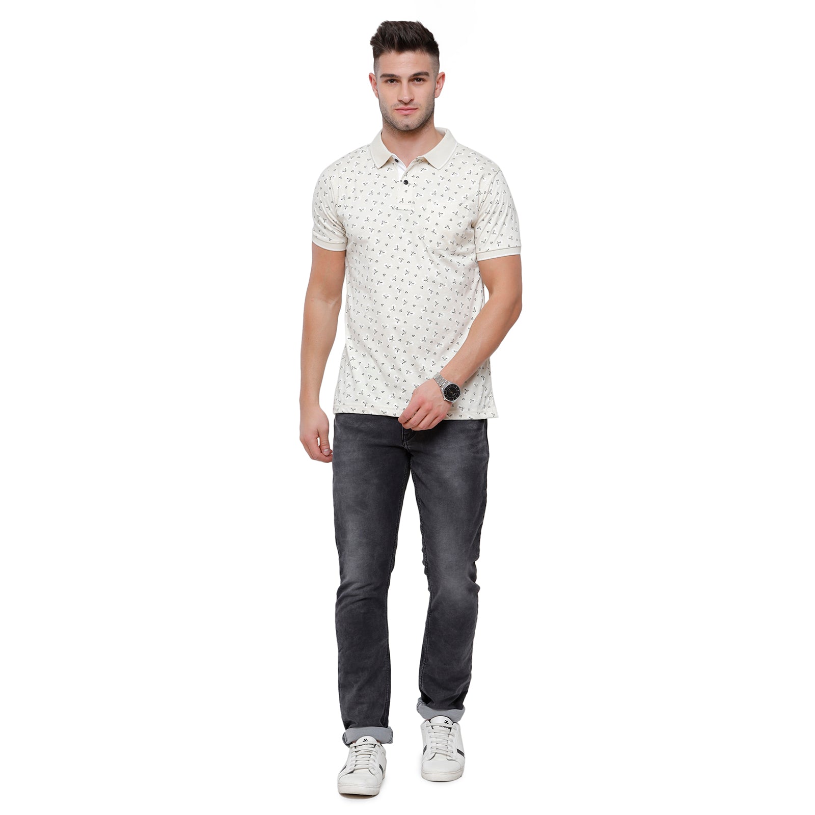 Classic Polo Mens Printed Slim Fit Polo Cream Colour T-Shirt - Bello 166B T-shirt Classic Polo 
