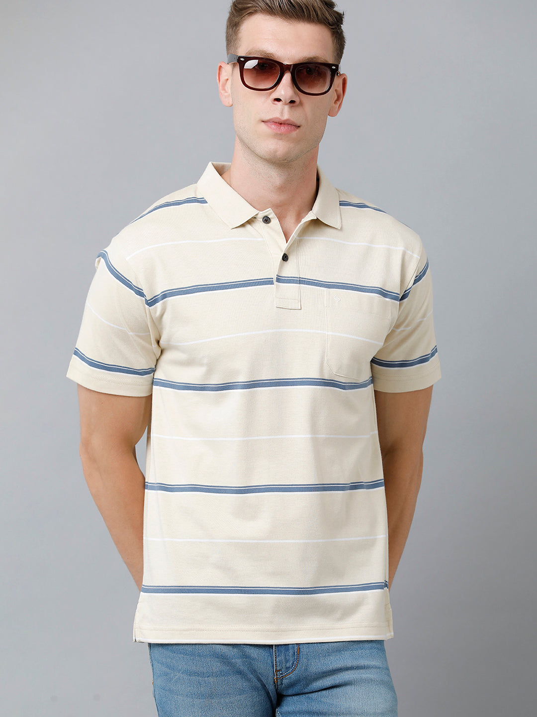 Classic Polo Men's Cotton Blend Half Sleeve Striped Authentic Fit Polo Neck Cream Color T-Shirt | Avon - 520 A