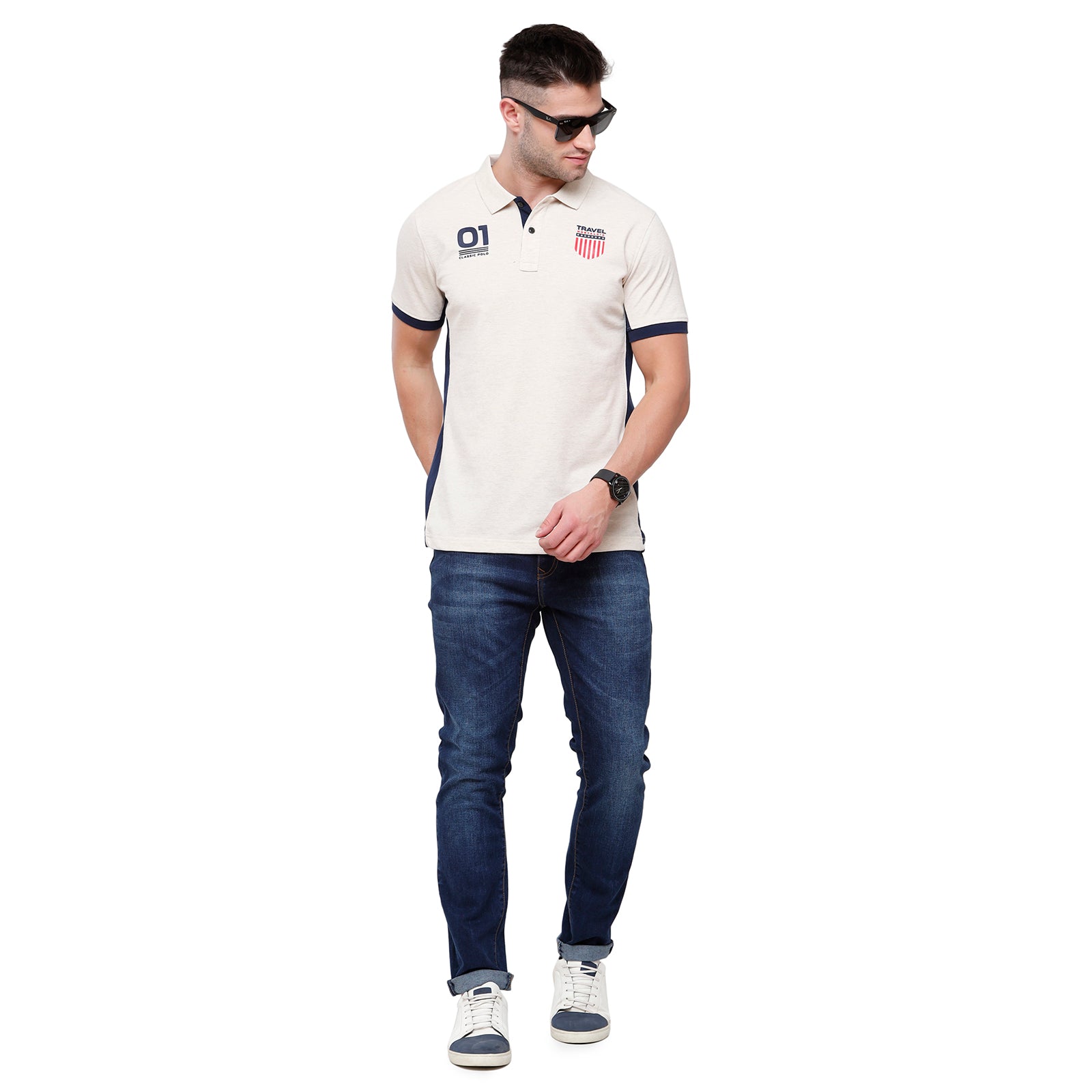 Classic Polo Mens Cotton Graphic Slim Fit Polo Neck White Colour T-Shirt - PRM 681B T-shirt Classic Polo 