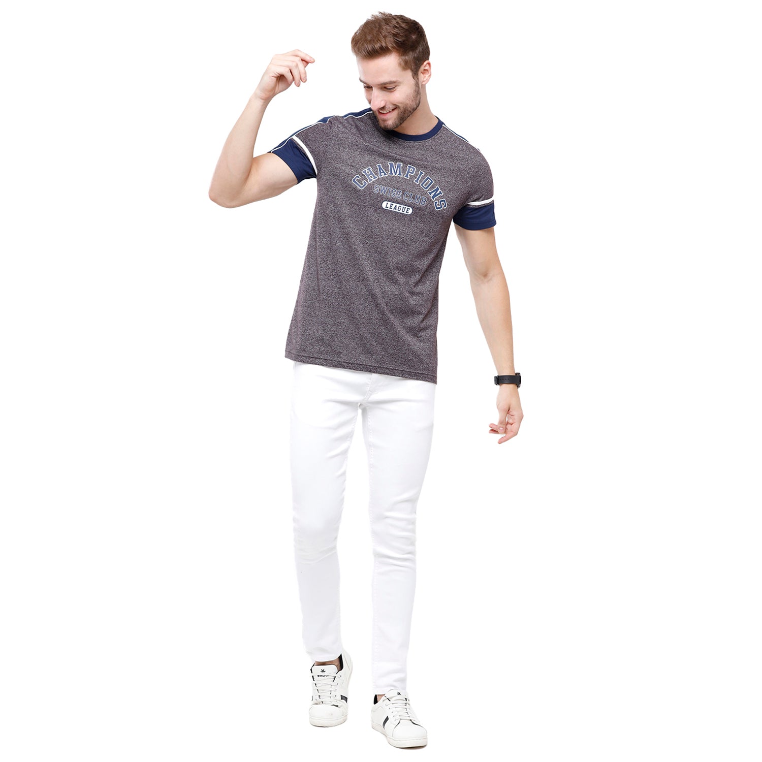 Swiss Club Mens Grey Chest Print Slim Fit Sporty Half Sleeve Round Neck T-Shirt (CUB - 48 A SF C) T-shirt Swiss Club 
