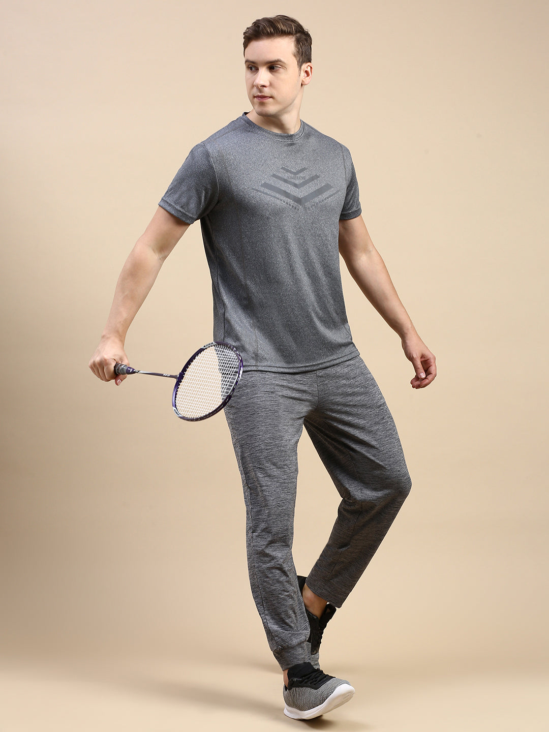 Classic Polo Men's Round Neck Polyster Dark Grey Slim Fit Active Wear T-Shirt