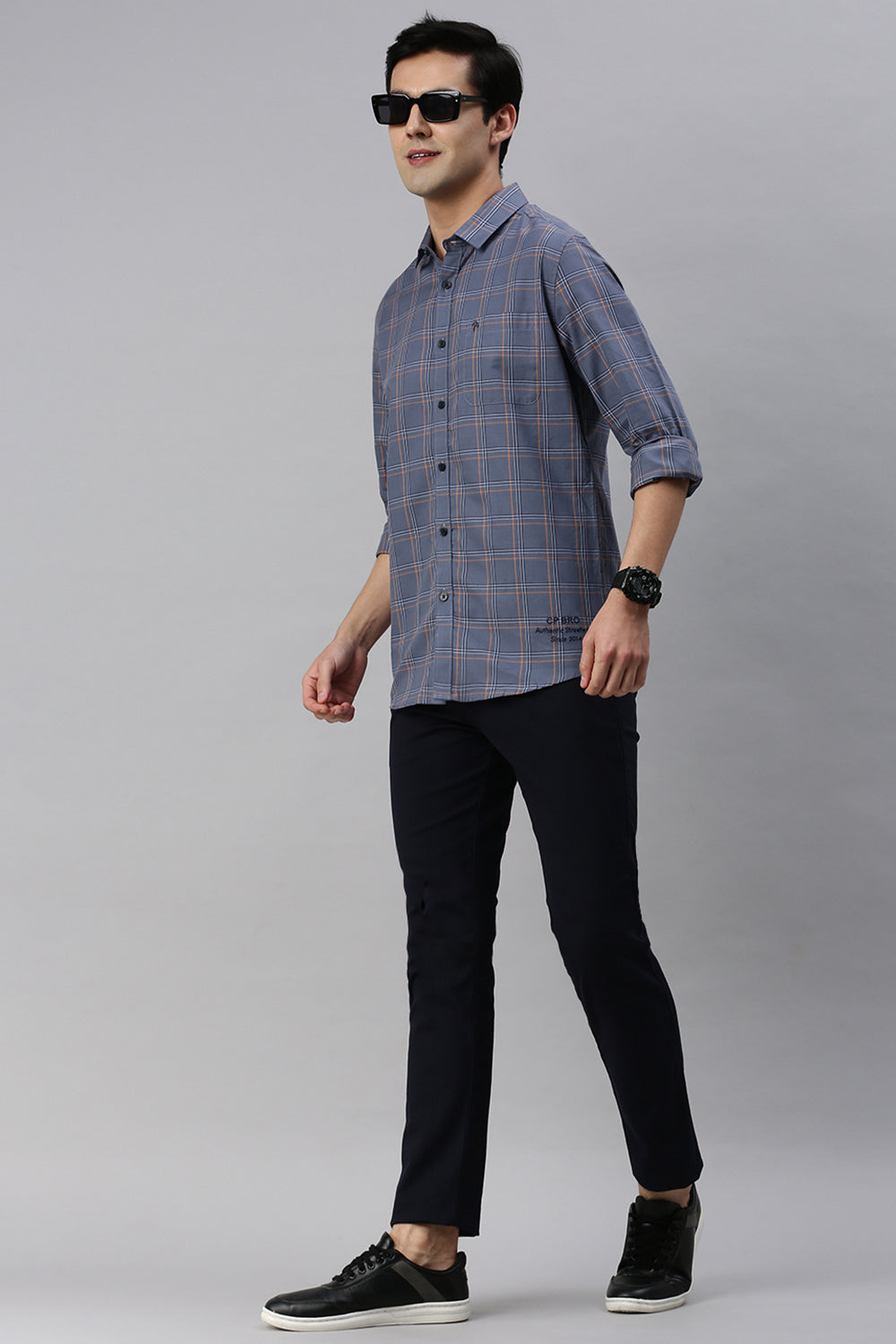 CP BRO Men's Cotton Full Sleeve Checked Slim Fit Polo Neck Blue Color Woven Shirt | Sbo1-27 B