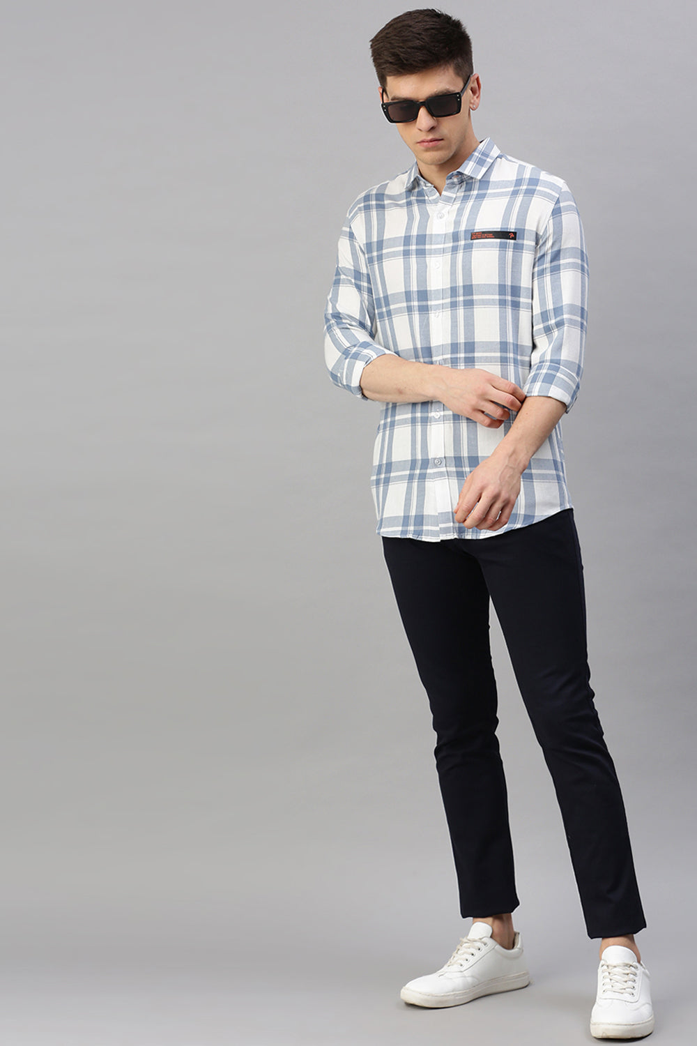 CP BRO Men's Cotton Full Sleeve Checked Slim Fit Polo Neck White Color Woven Shirt | Sbo1-53 A