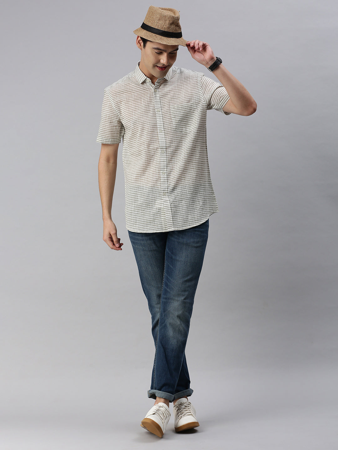 Classic Polo Men's Cotton Half Sleeve Striped Slim Fit Collar Neck Brown Color Woven Shirt | So1-107 A