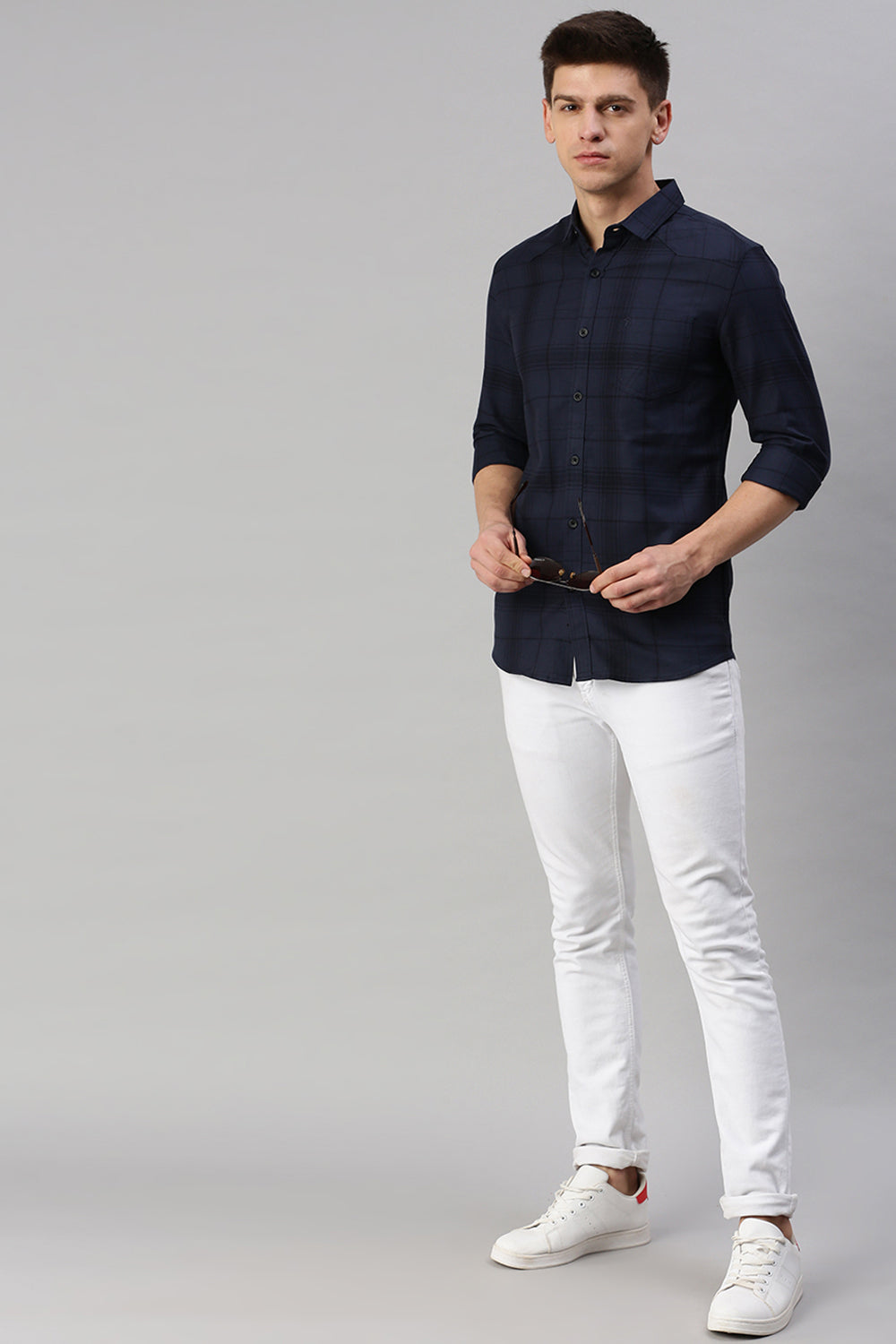 CP BRO Men's Cotton Full Sleeve Checked Slim Fit Collar Neck Navy Color Woven Shirt | Sbo1-44 B
