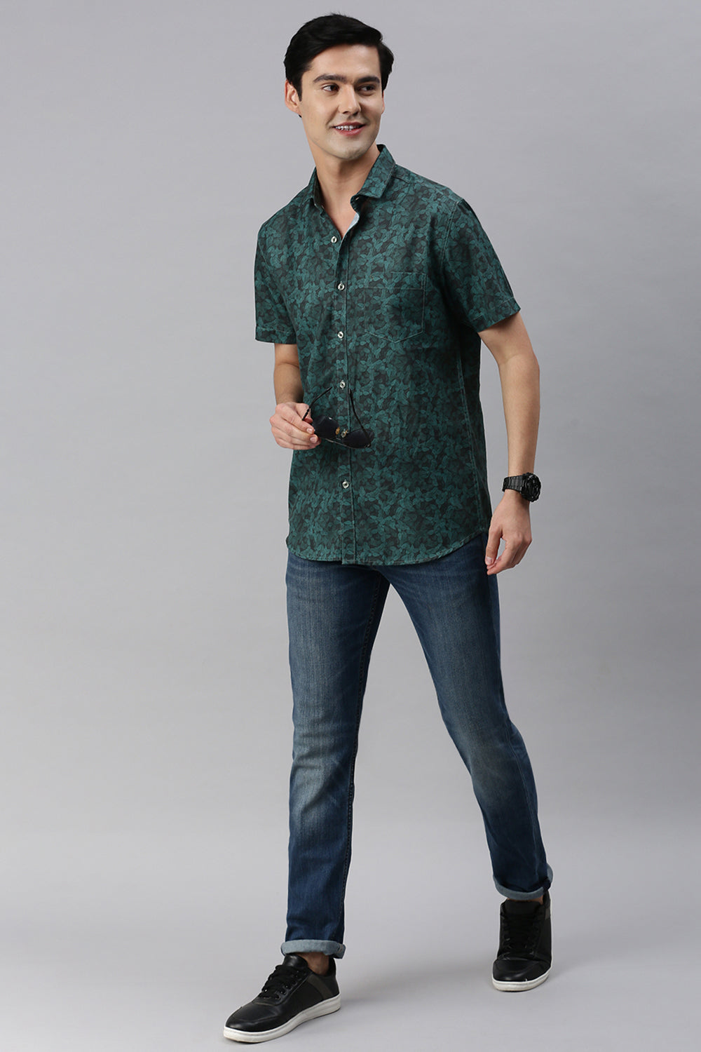 Classic Polo Men's Cotton Full Sleeve Printed Slim Fit Polo Neck Green Color Woven Shirt | So1-30 A