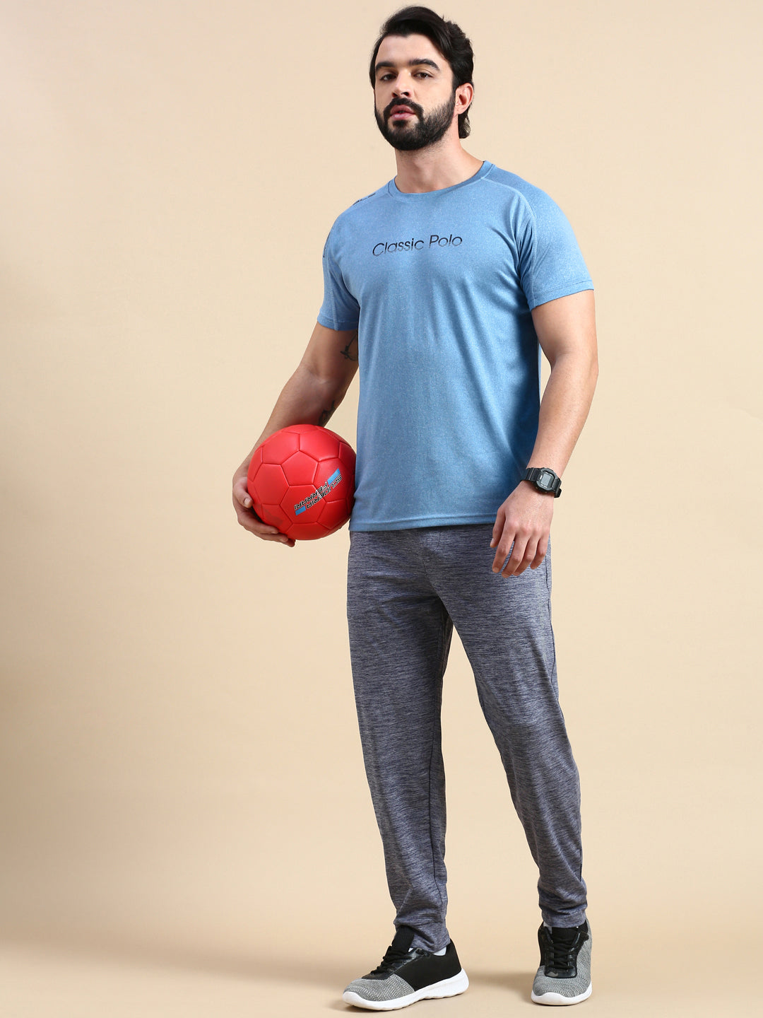Classic Polo Men's Round Neck Polyester Blue Slim Fit Active Wear T-Shirt