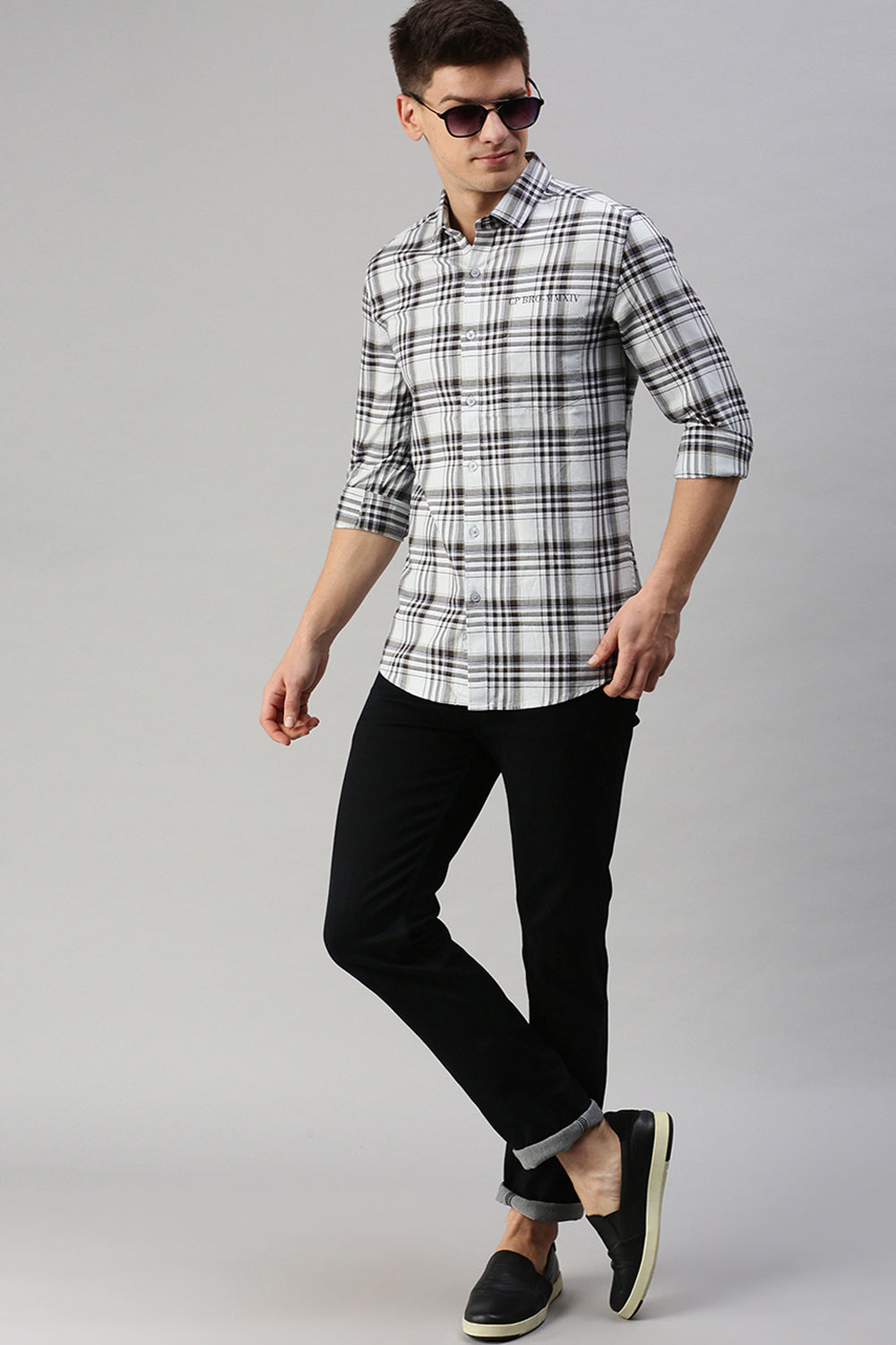 CP BRO Men's Cotton Full Sleeve Checked Slim Fit Collar Neck White Color Woven Shirt | Sbo1-04 A