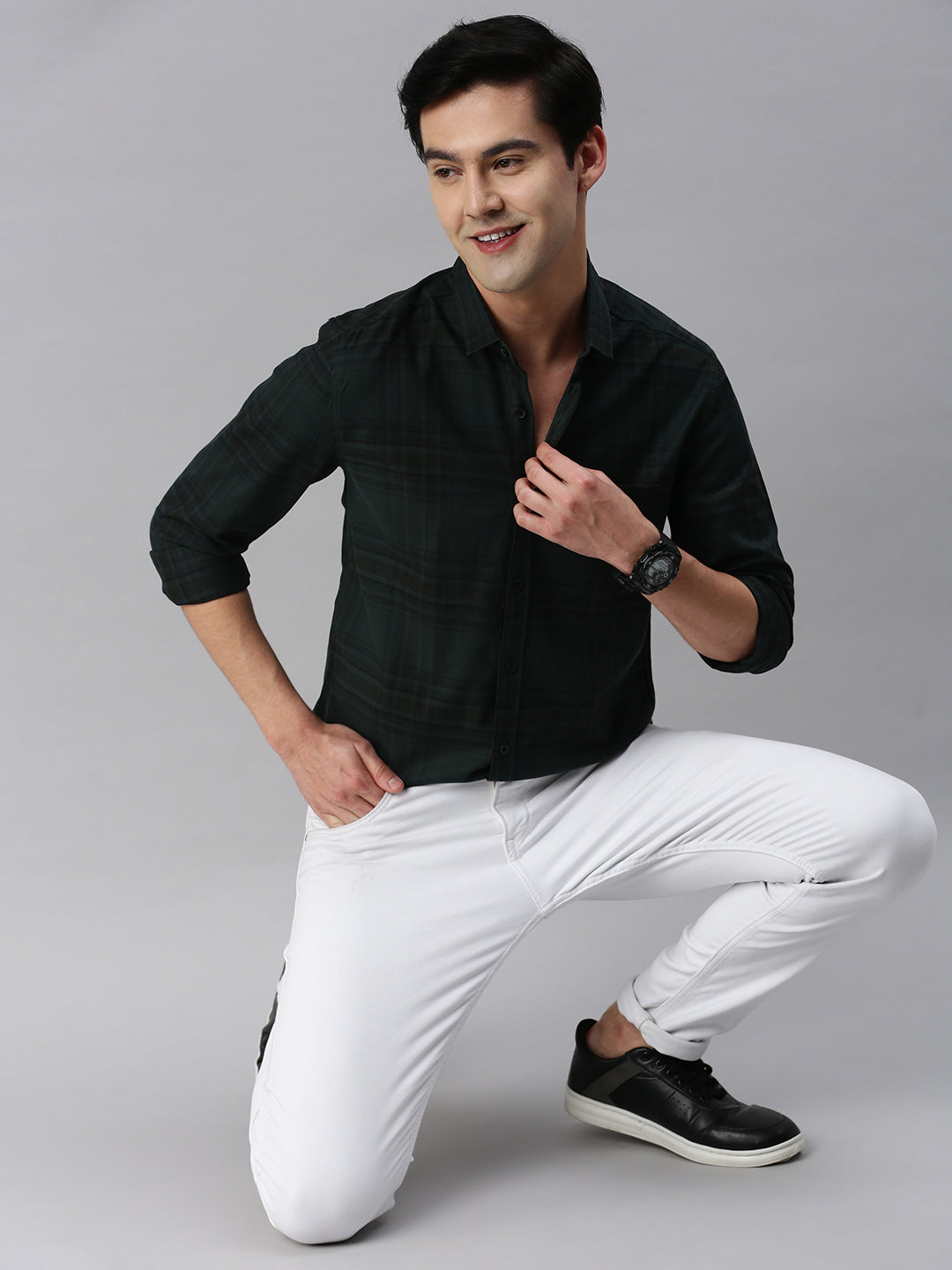 Classic Polo Men's Cotton Full Sleeve Checked Slim Fit Polo Neck Black Color Woven Shirt | So1-99 B