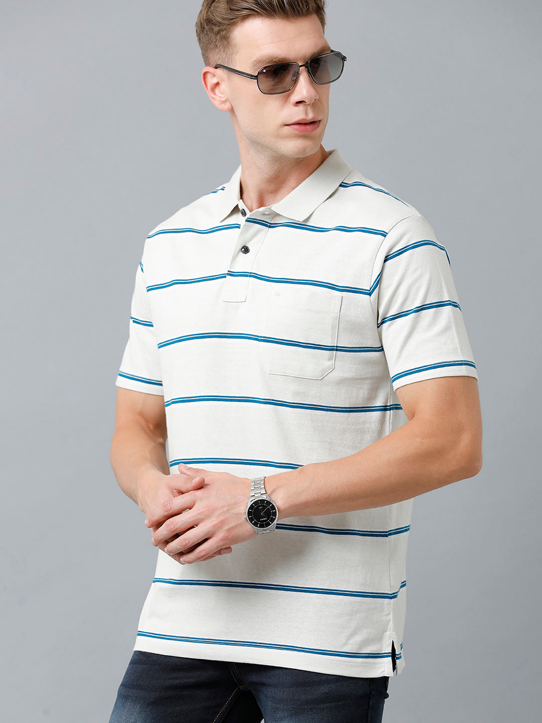 Classic Polo Men's Cotton Blend Half Sleeve Striped Authentic Fit Polo Neck White Color T-Shirt | Avon - 513 B