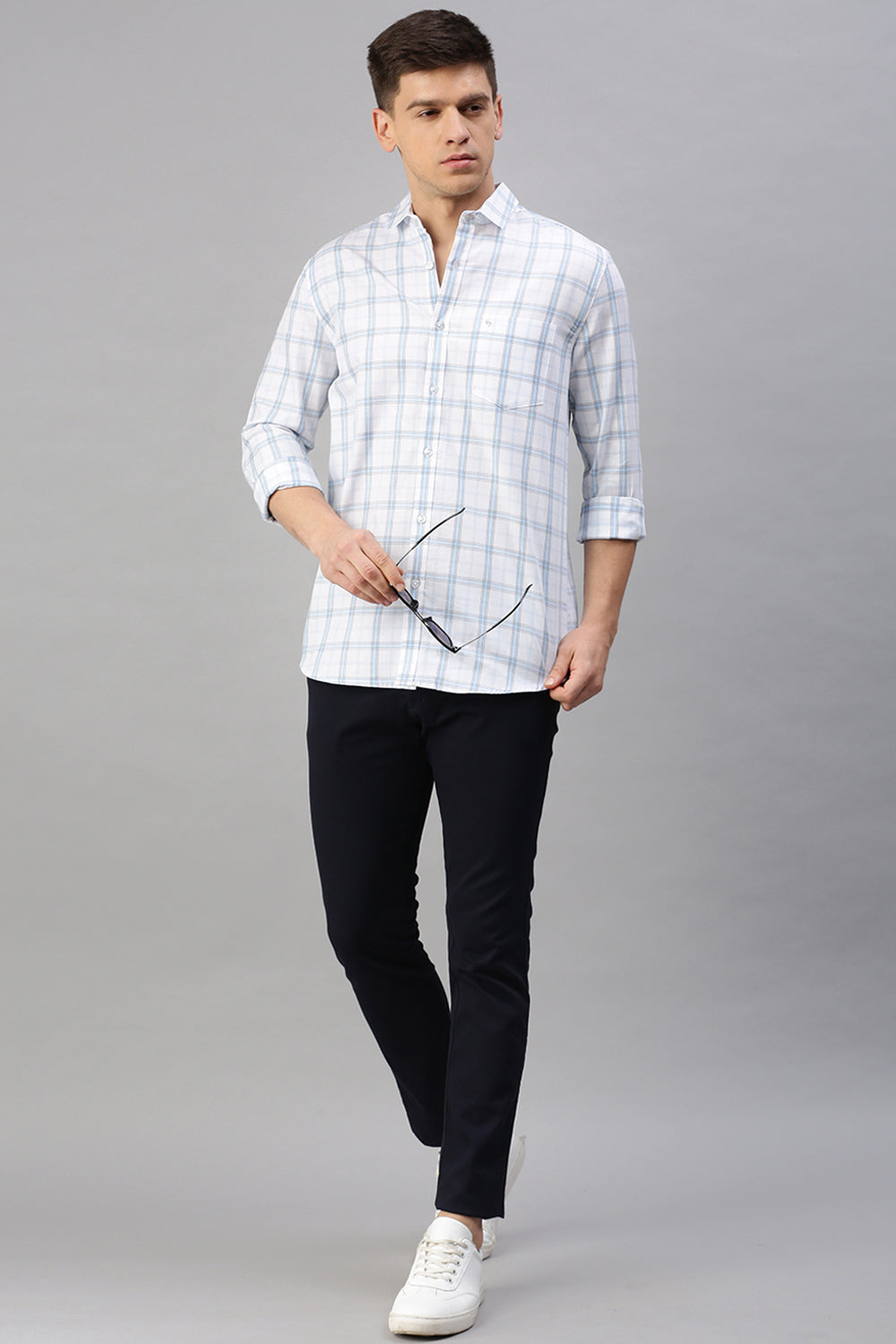 Classic Polo Men's Cotton Full Sleeve Checked Slim Fit Polo Neck White Color Woven Shirt | So1-95 A